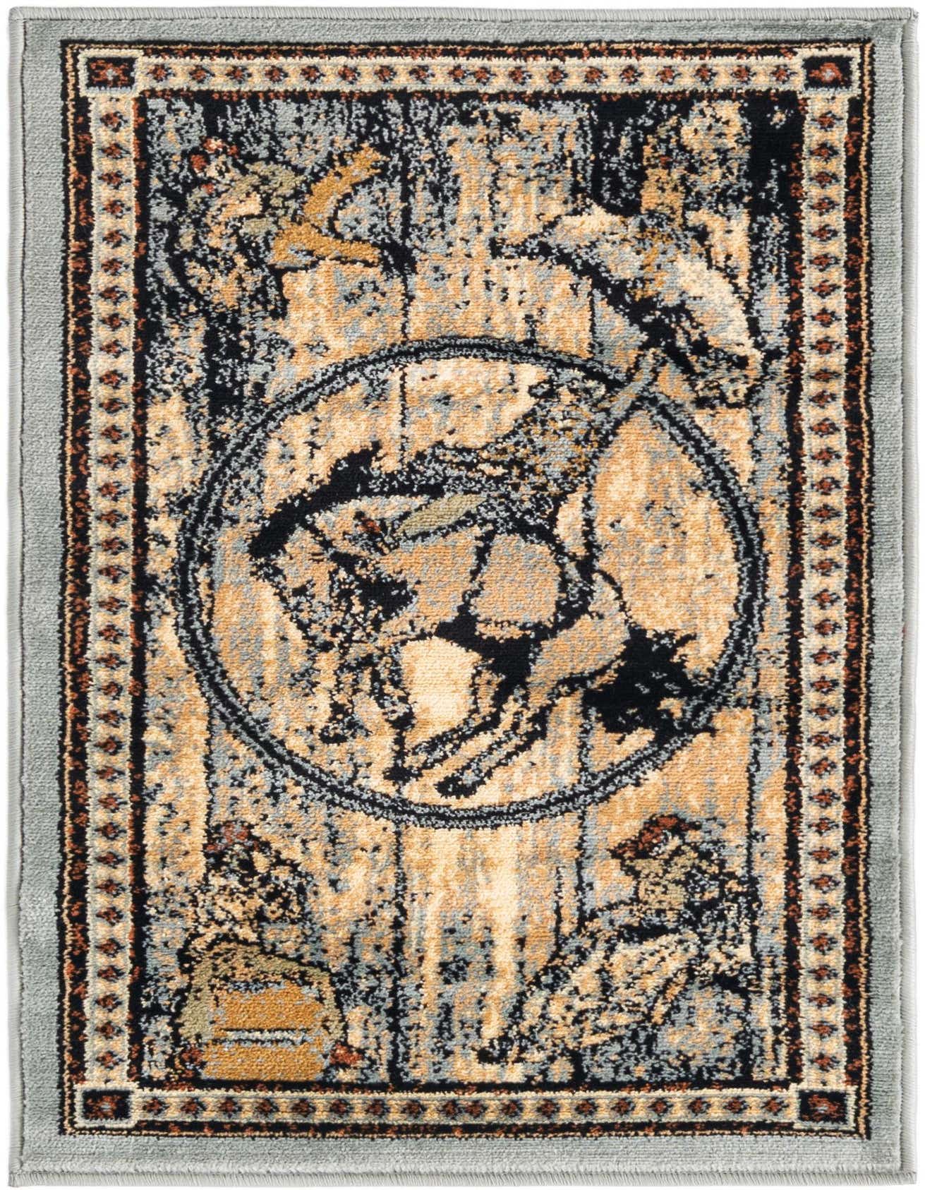 A rectangular 2x3 Pioneer rug featuring a central rodeo cowboy on a bucking horse, framed by a western-themed border in blues, golds, and black.
