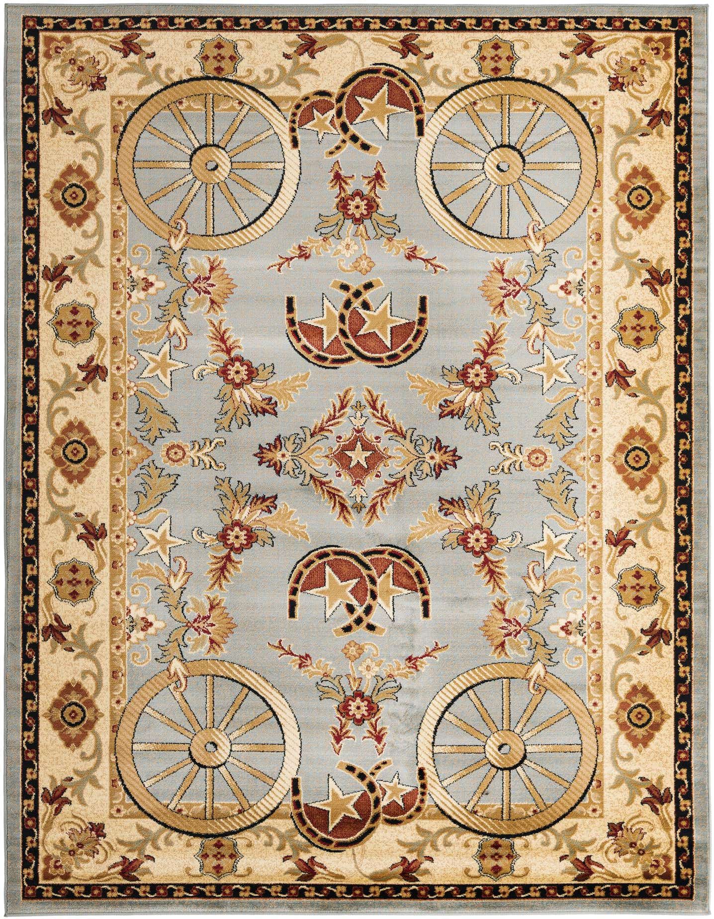 A 7x10 rectangular Pioneer rug featuring a rustic medallion pattern with wagon wheels, horseshoes, and stars on a light blue background with a cream border.