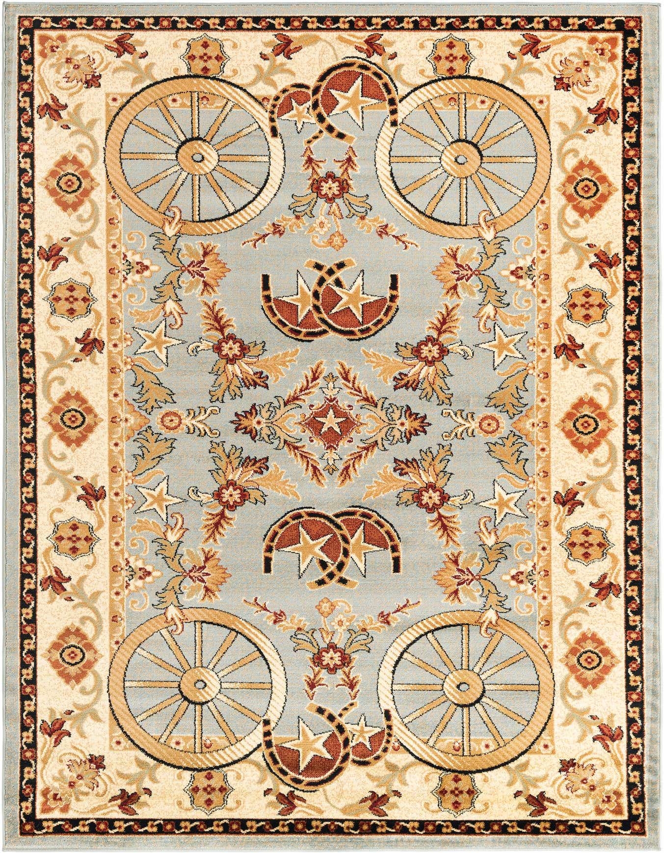 A 6x9 rectangular Pioneer rug in blue with a rustic medallion pattern featuring wagon wheels and horseshoes.