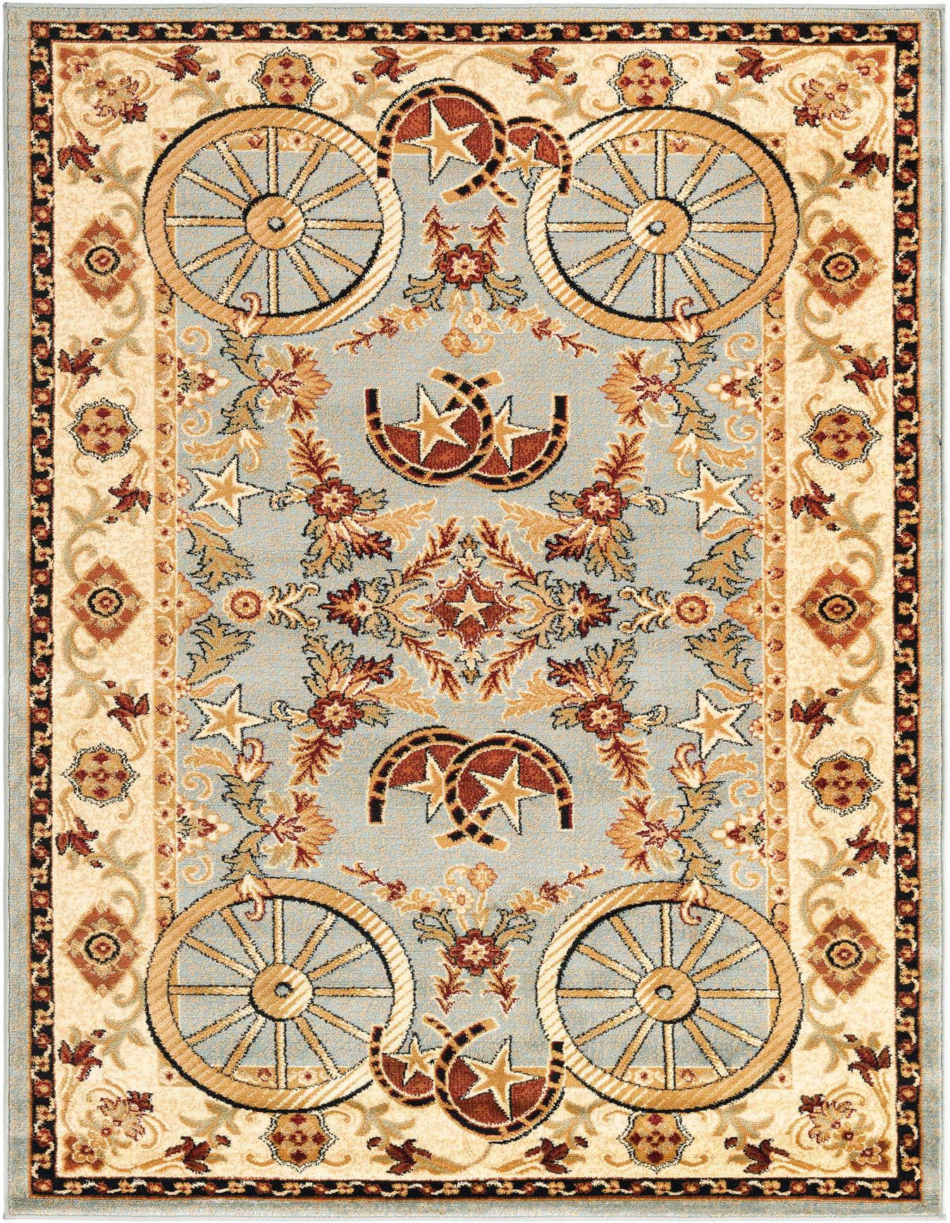 A 5x8 rectangular Pioneer collection rug featuring a rustic blue field with wagon wheels, horseshoes, stars, and floral medallions, bordered by a cream and blue pattern.