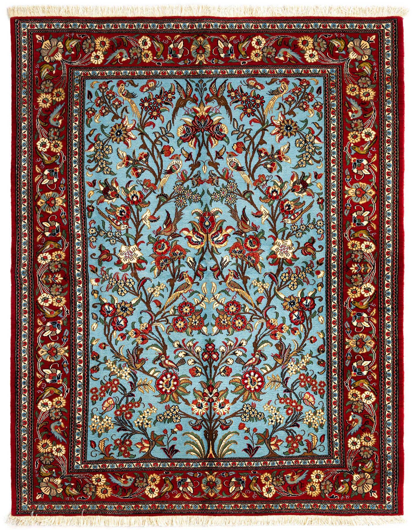 A 5x7 rectangular Persian rug featuring a vibrant blue field with an intricate floral and bird design, framed by a rich red border with complementary patterns.
