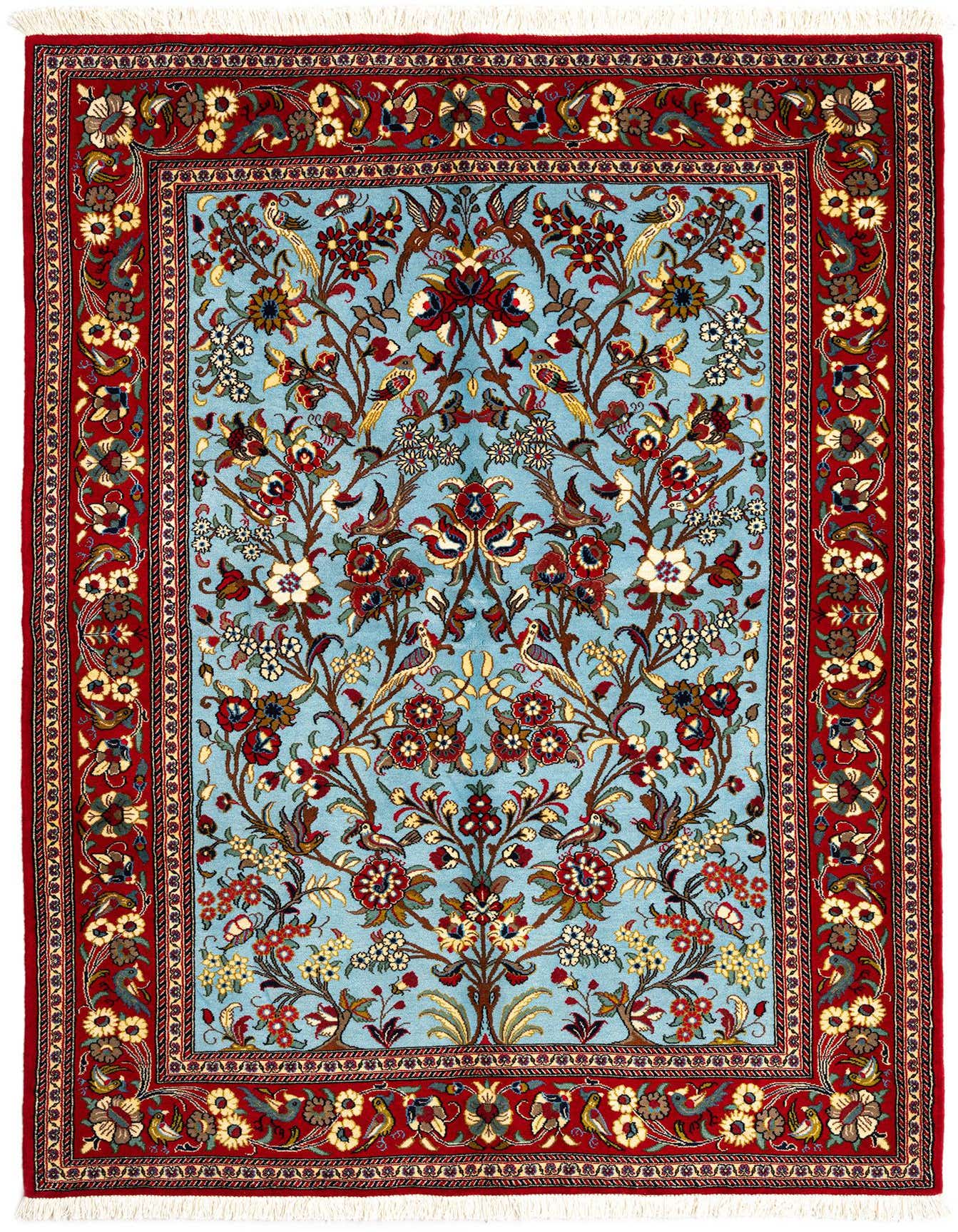 A 5x7 rectangular handmade wool rug featuring a light blue field with an intricate floral and bird pattern, framed by a rich red border with complementary motifs.