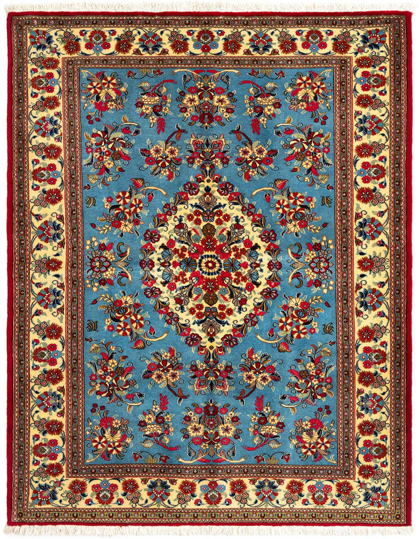 A 5x7 rectangular Persian rug with a vibrant blue field, intricate red and yellow floral patterns, and a detailed border.