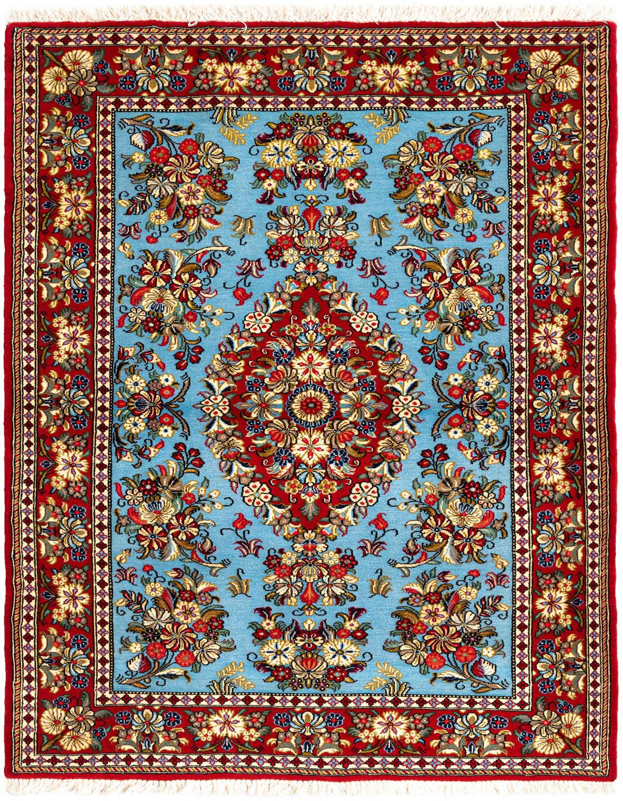 A 3x5 rectangular Persian rug with a light blue field and an elaborate red floral medallion and border.