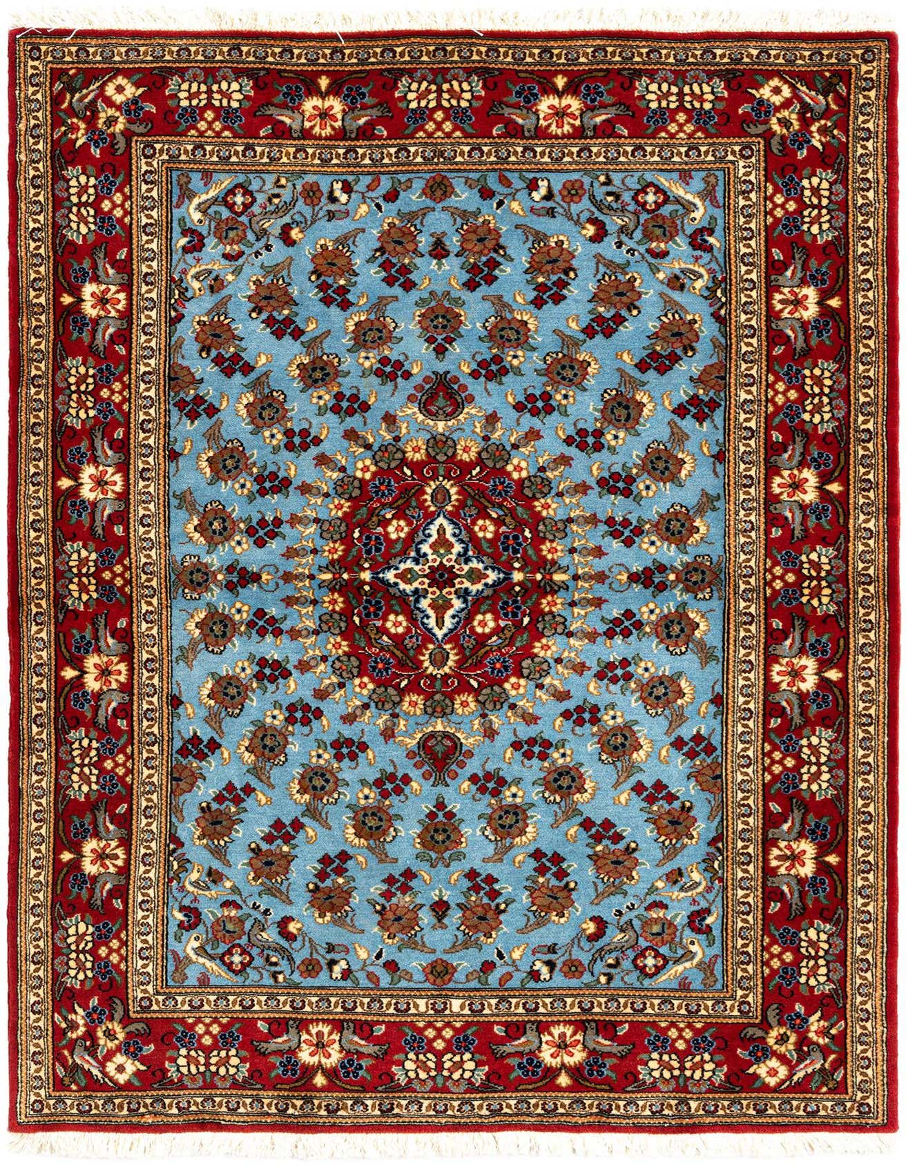 A 3x5 rectangular Persian rug with a light blue field and intricate floral patterns, framed by a rich red border.