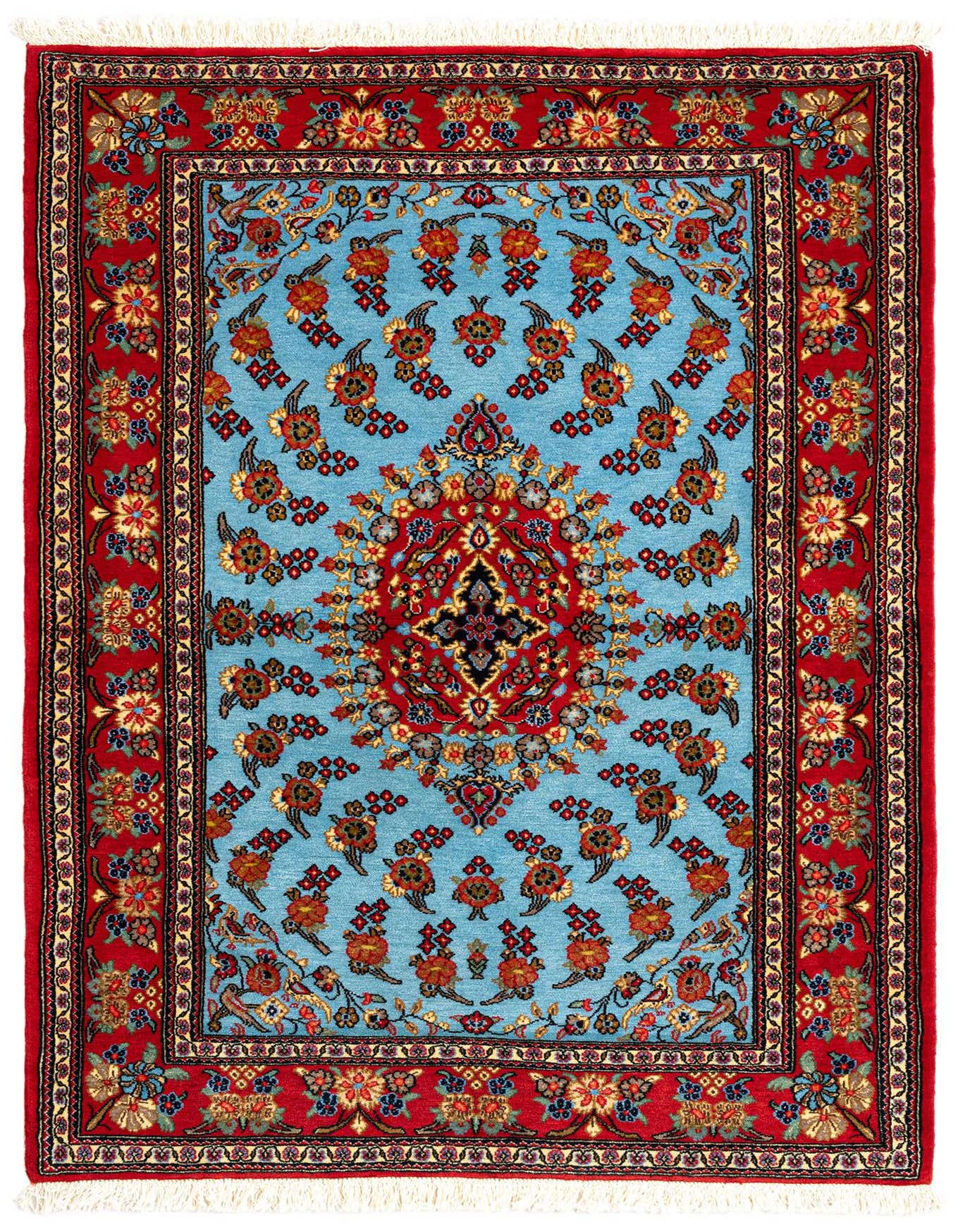 A 3x5 rectangular Persian rug with a vibrant blue field and a detailed red border, featuring intricate floral and medallion patterns.