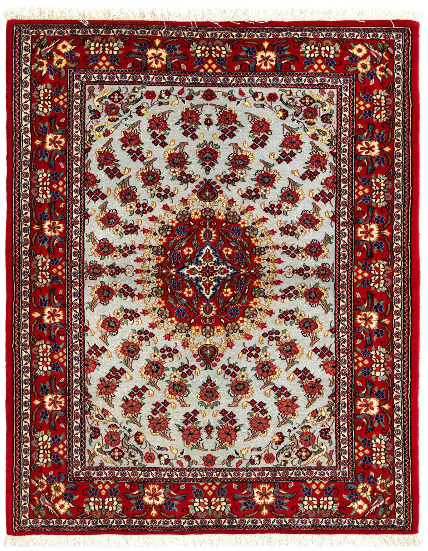 A 3x5 rectangular Persian Qom rug featuring a light blue field with red, gold, and blue floral motifs, framed by a wide red border with intricate patterns.