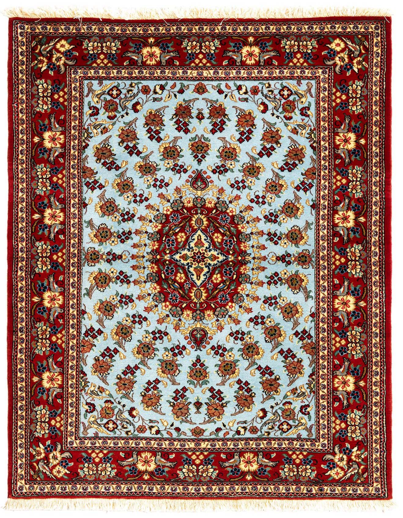 A 3x5 rectangular Qom Persian rug featuring a light blue field with intricate floral patterns and a rich red border.