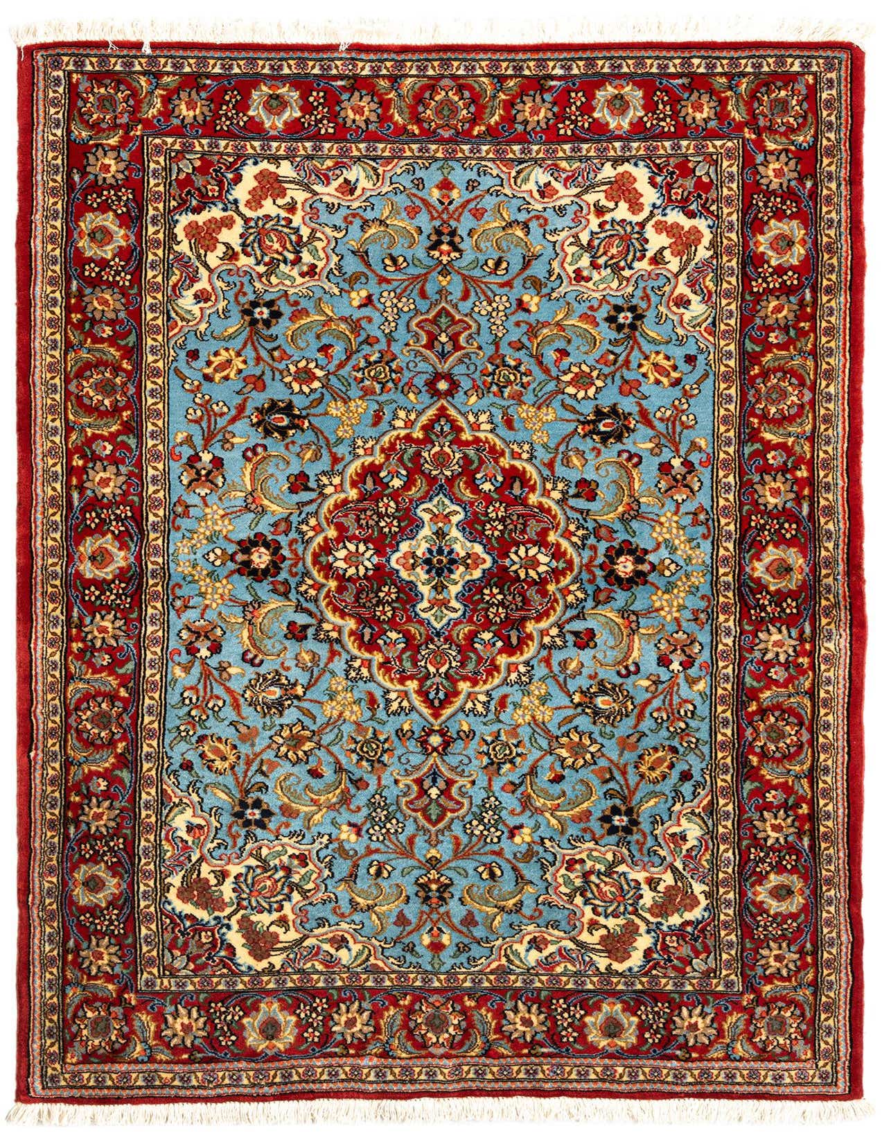 A 3x5 rectangular Persian rug with a light blue field and an intricate red and gold floral medallion and border.