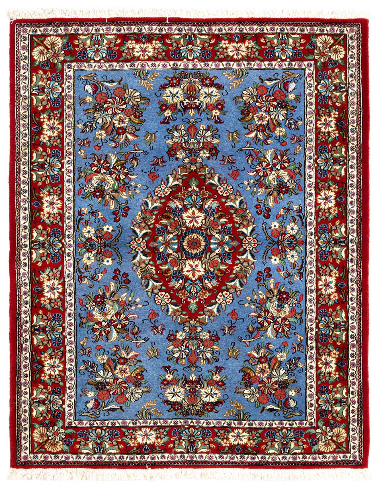 A 3x5 rectangular blue and red Persian rug with intricate floral patterns and a central medallion.