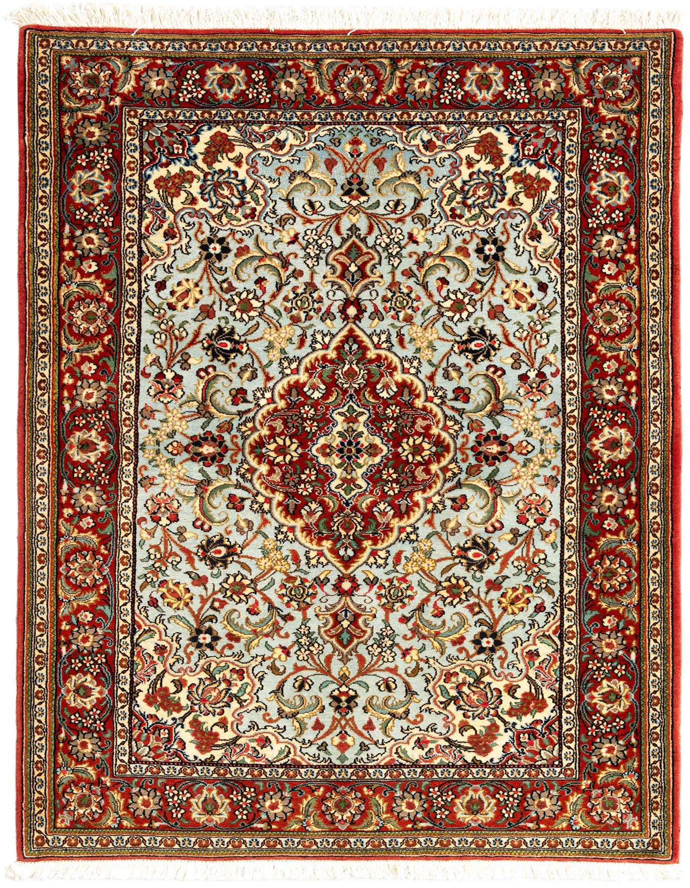 A 3x5 rectangular Persian wool rug with a light blue field and intricate floral patterns in red, gold, and green, framed by a detailed red border.
