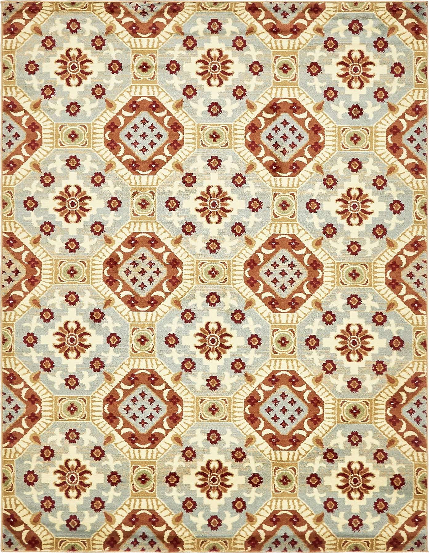 A 5x8 rectangular indoor rug featuring a traditional botanical pattern in shades of blue, cream, terracotta, and gold.