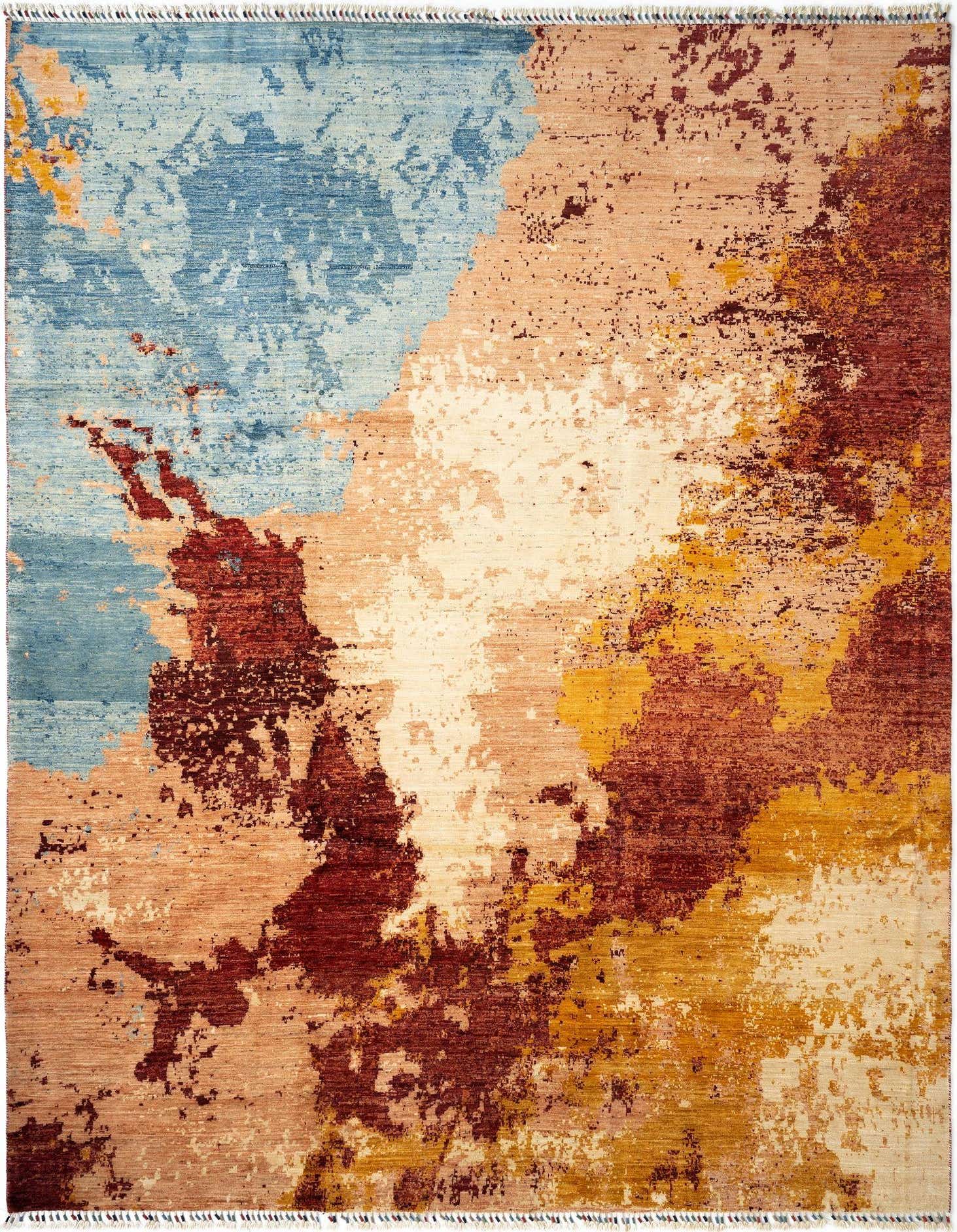 A large 8x11 rectangular Rubin Collection wool rug with an abstract Persian pattern in shades of blue, gold, rust, and cream.