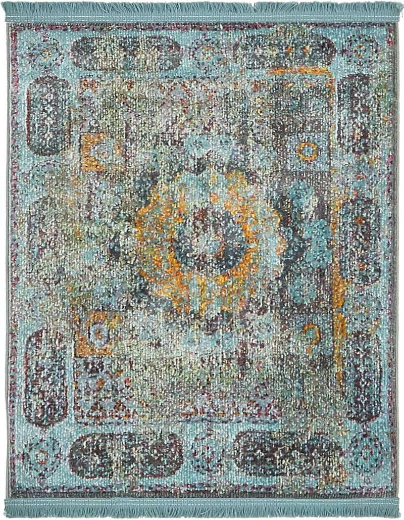 A 2x3 rectangular Santiago rug featuring a distressed traditional medallion pattern in various blues, teal, and hints of orange.