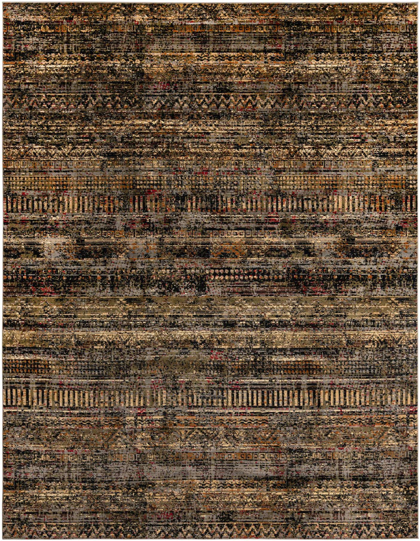 A 10x14 rectangular Rugs.com Saturn rug featuring a distressed traditional tribal stripe pattern in various shades of blue, black, and gold.