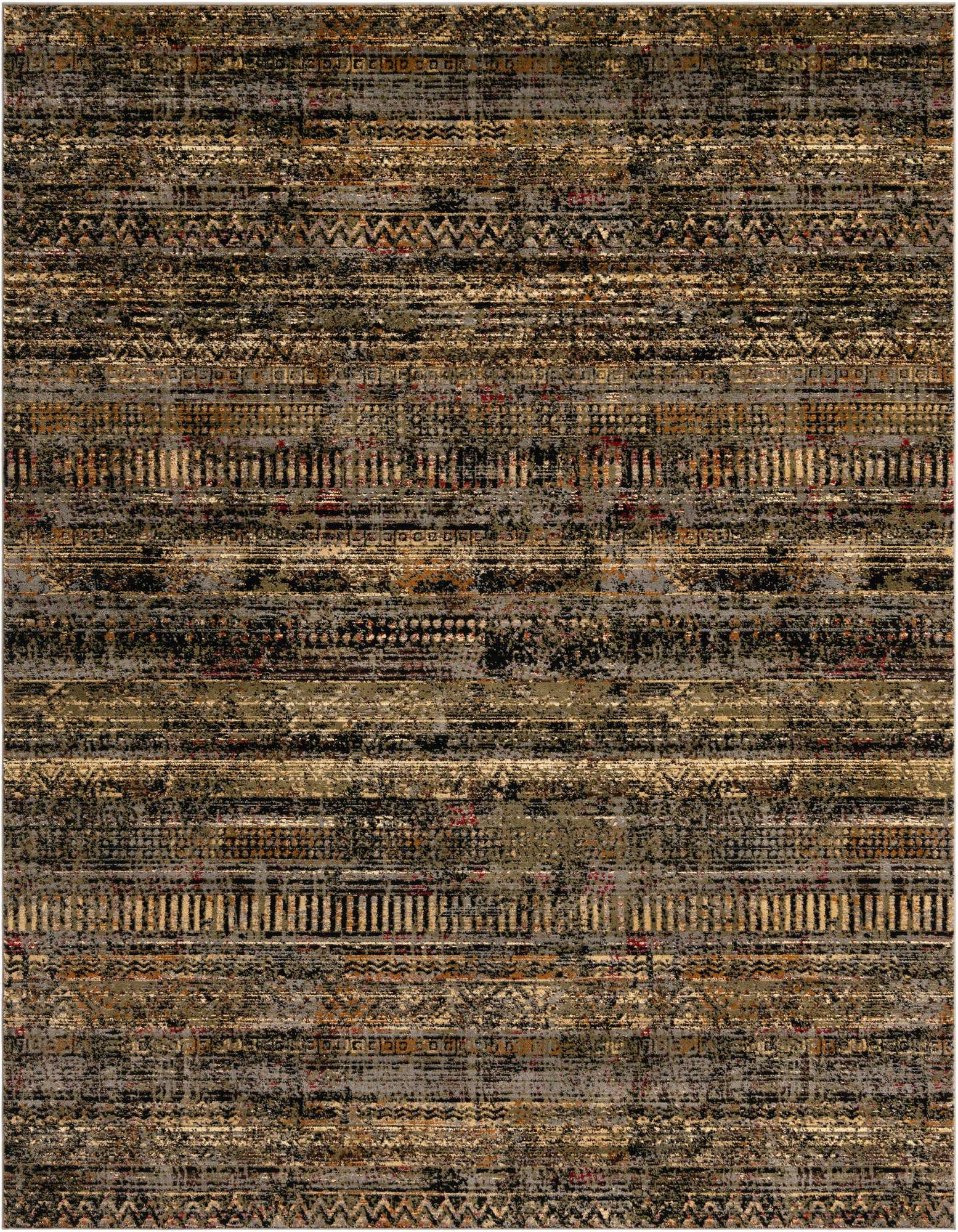 A rectangular 8x10 Saturn collection rug with a distressed blue, black, and gold tribal stripe pattern.