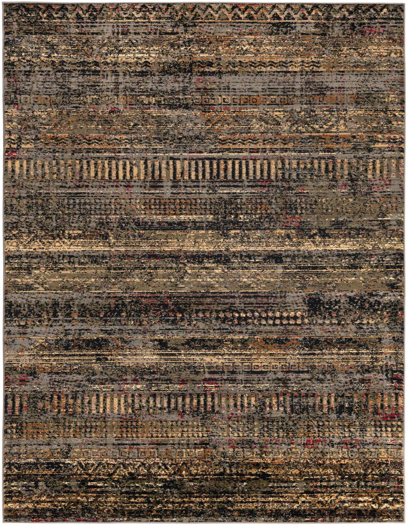 A 5x8 rectangular Saturn collection rug featuring a distressed traditional tribal stripe pattern in shades of blue, black, and tan.