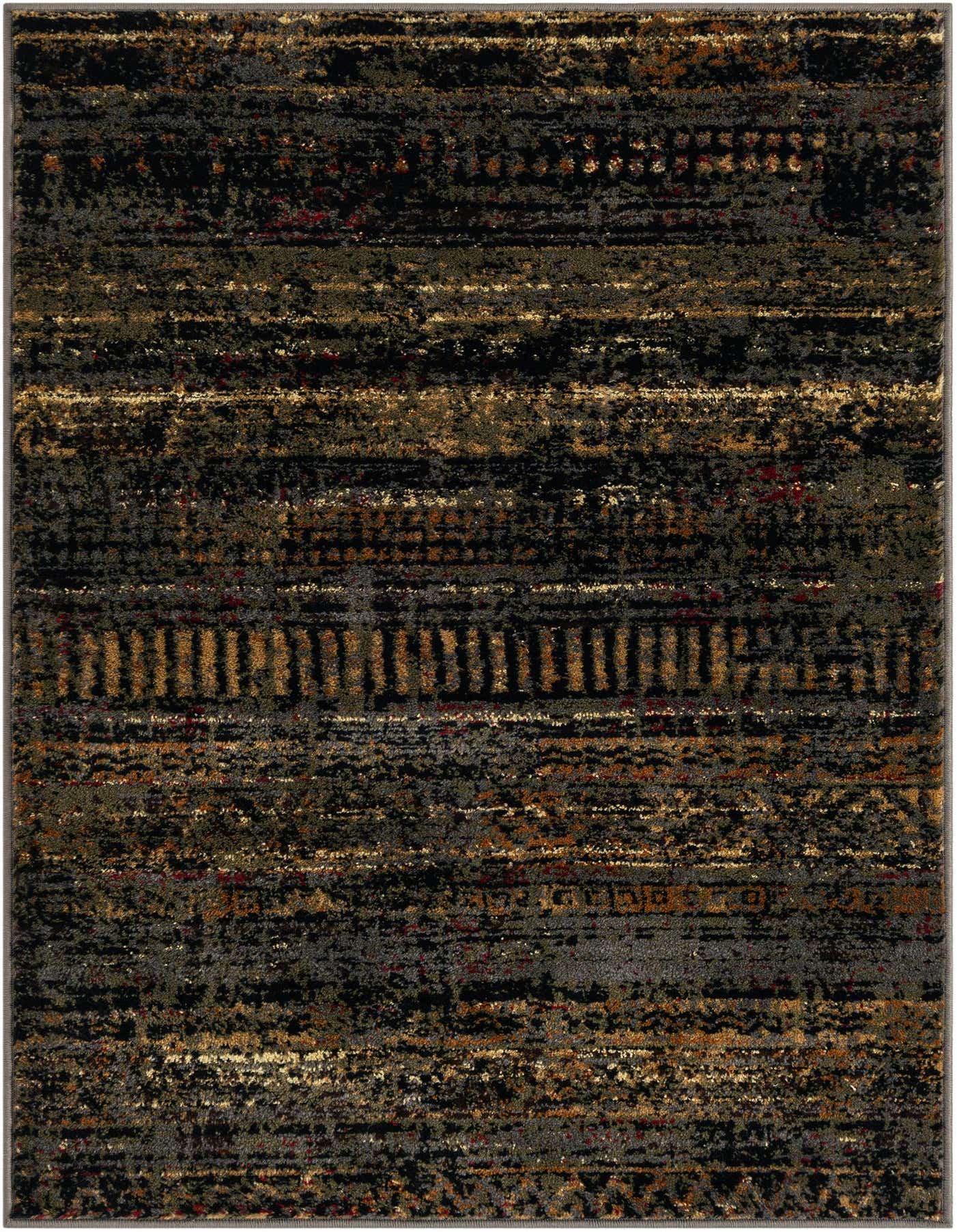 A 3x5 rectangular blue area rug with an abstract, distressed pattern featuring horizontal bands of varying shades of blue, black, and hints of gold and red.