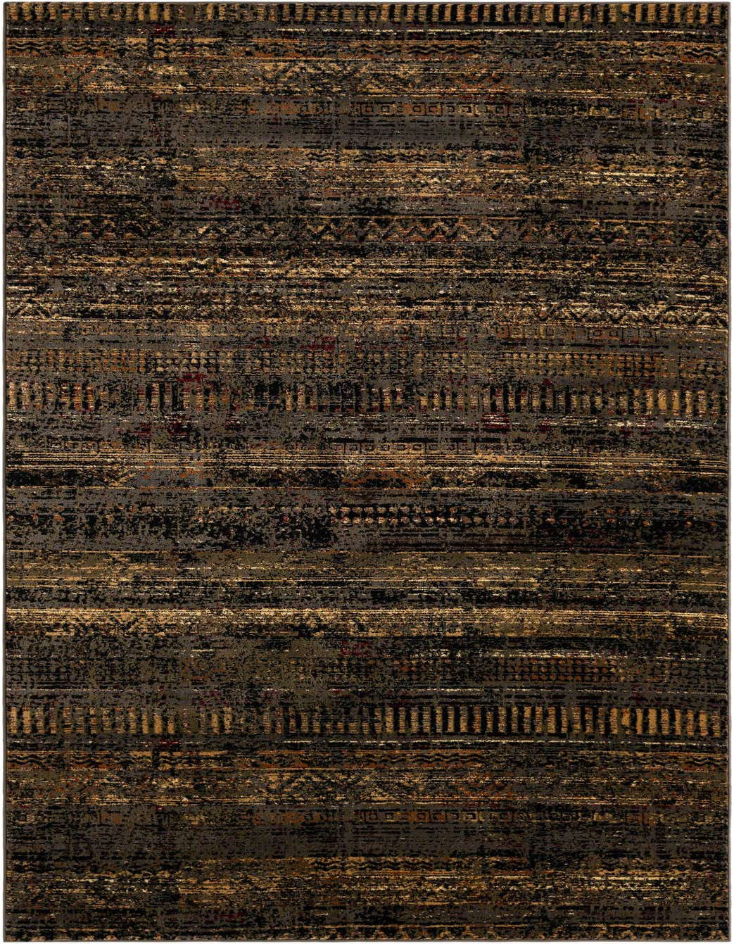 A 7x10 rectangular area rug featuring an abstract, distressed pattern with shades of dark blue, black, and hints of gold and brown.
