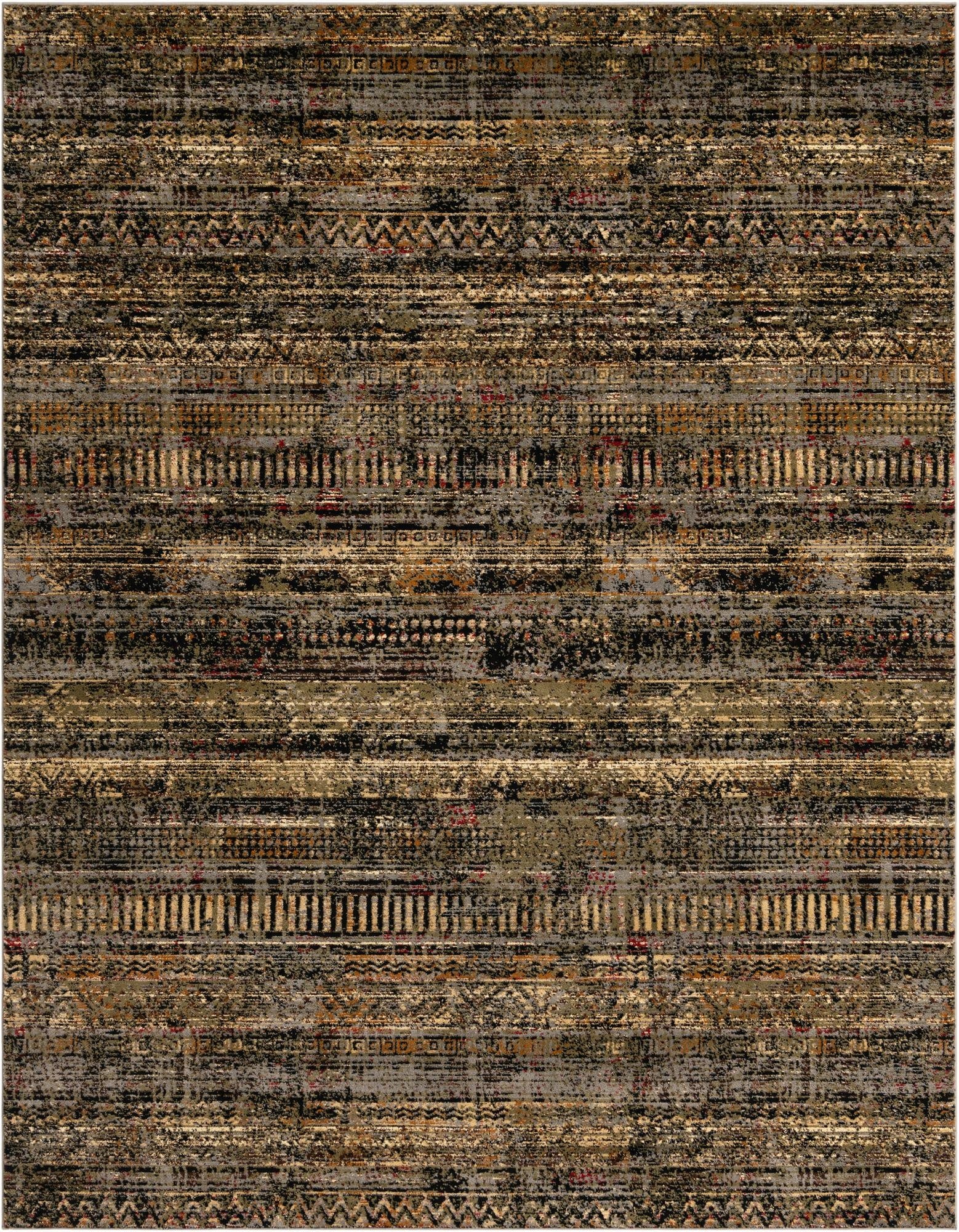 A rectangular 8x10 Saturn collection rug with a distressed blue, black, and gold tribal stripe pattern.