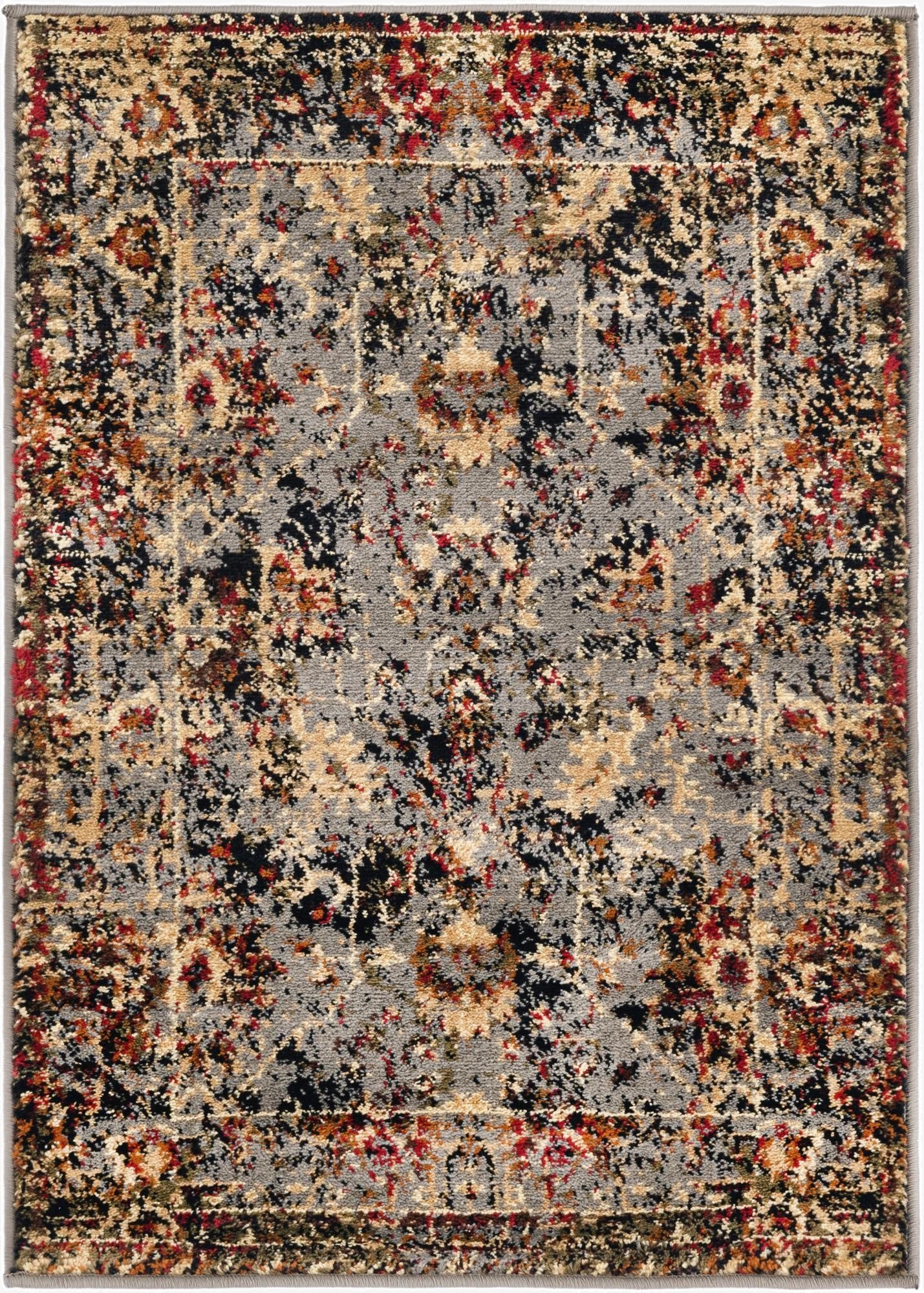 A 2x3 rectangular Rugs.com Saturn rug featuring a distressed traditional pattern in blues, black, red, and gold.