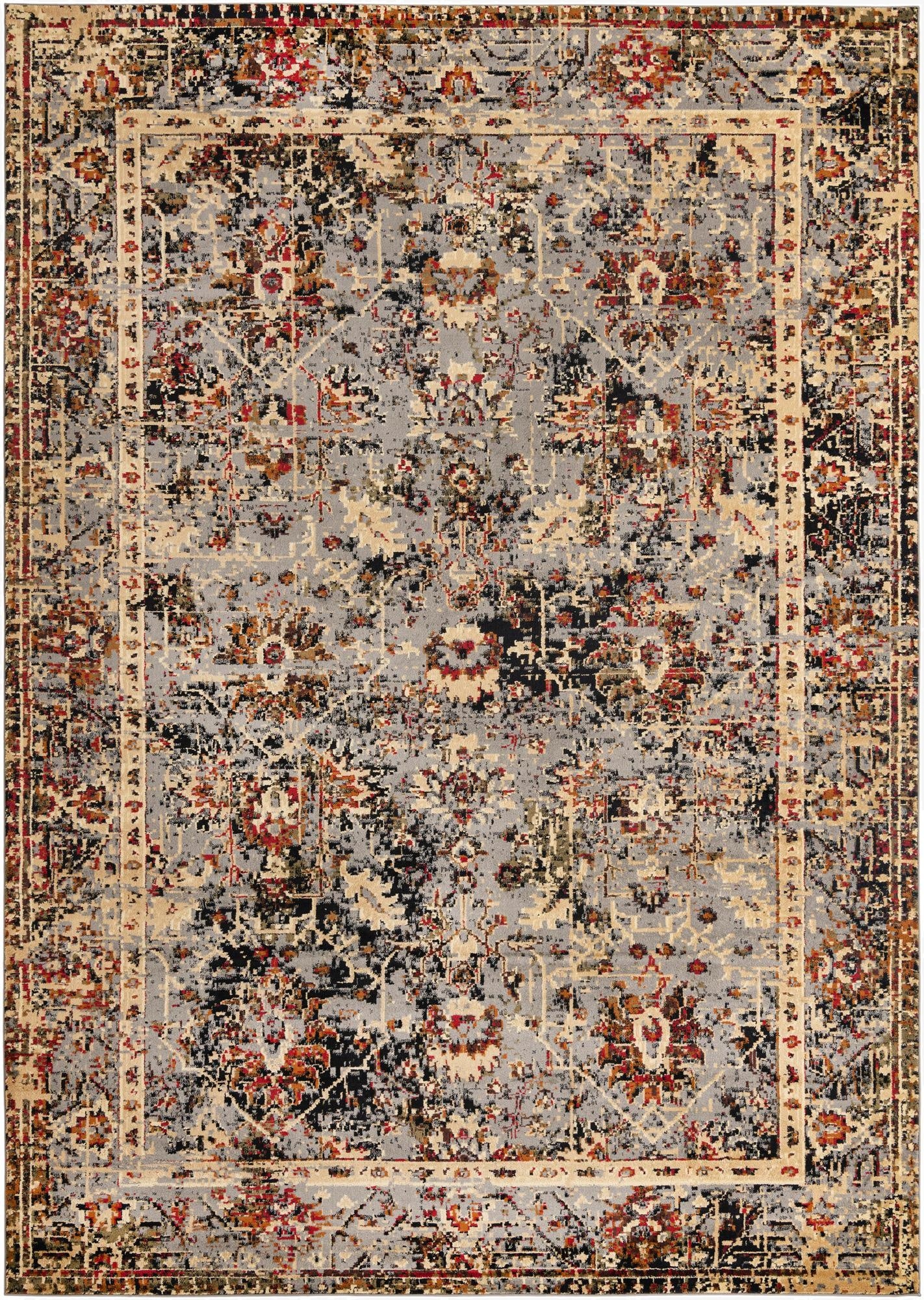 A 10x14 rectangular Rugs.com Saturn collection rug featuring a distressed traditional pattern in blues, black, cream, and red tones with a distinct border.