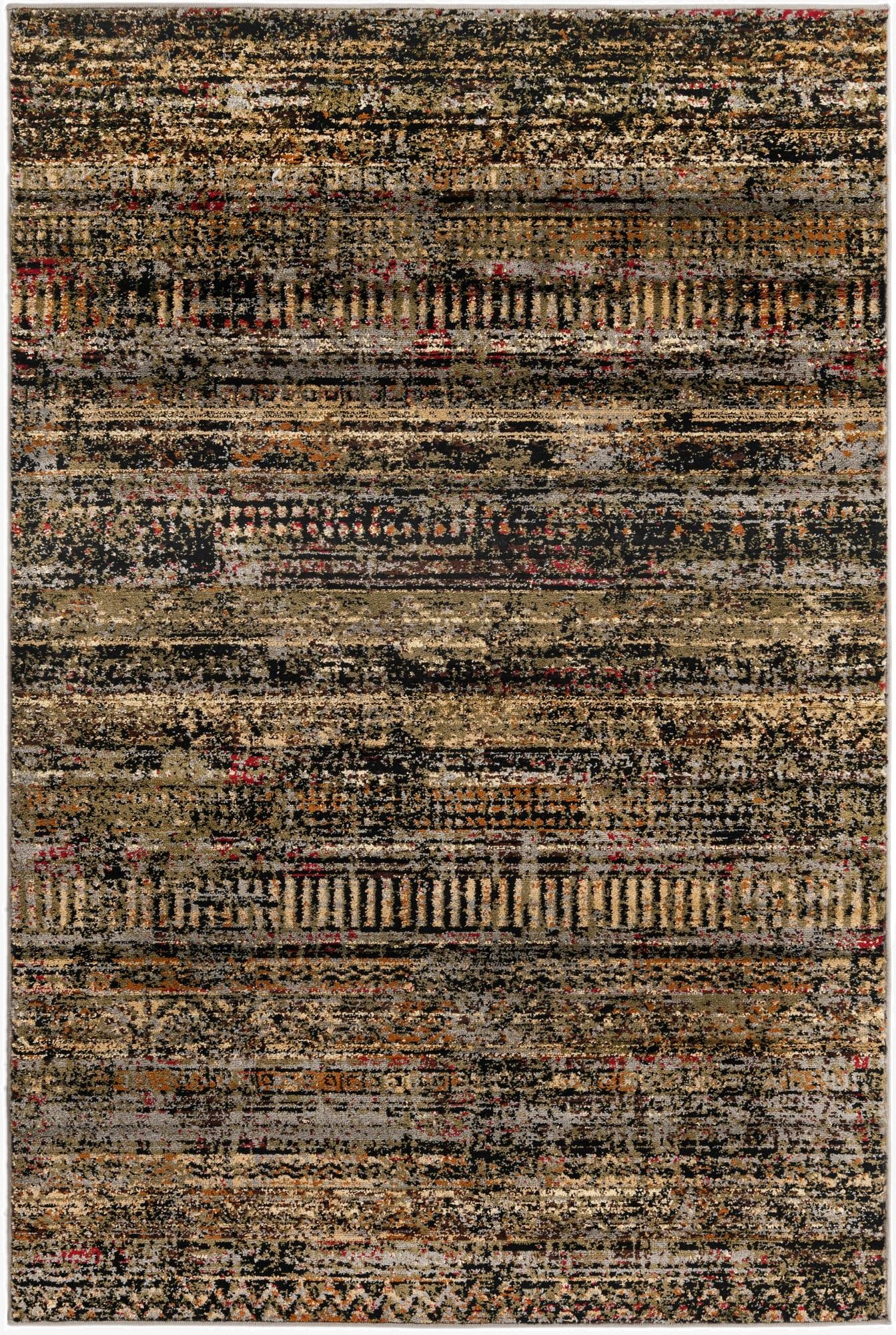 A 4x6 rectangular Rugs.com Saturn rug featuring a distressed tribal stripe pattern in shades of blue, black, and hints of red.