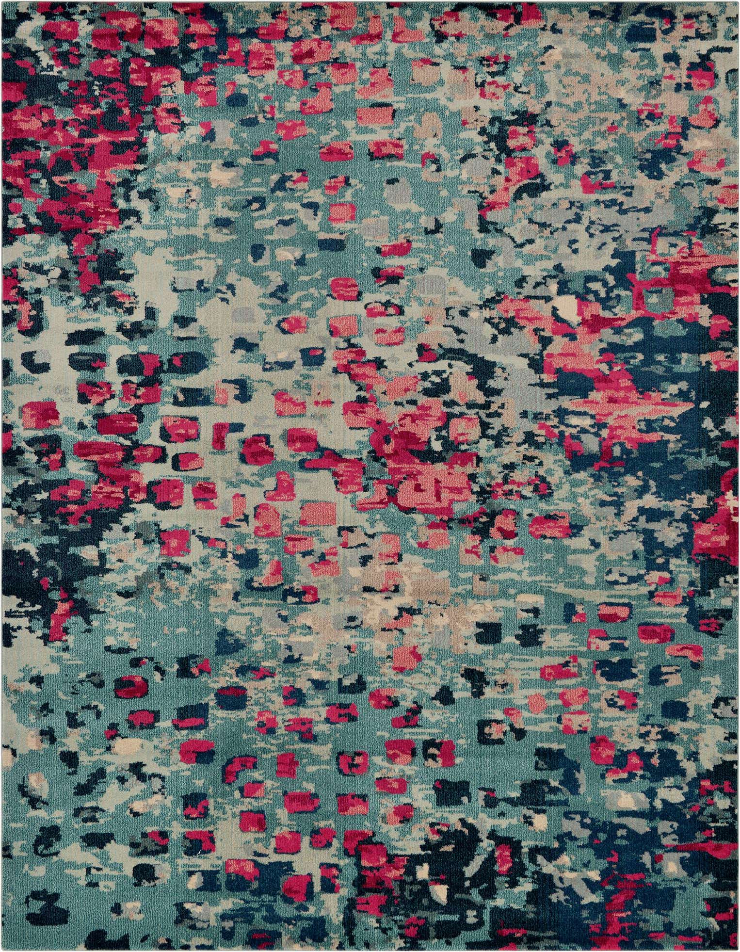 A 9x12 rectangular area rug featuring an abstract pattern in various shades of blue, teal, and pink, with hints of grey and black.