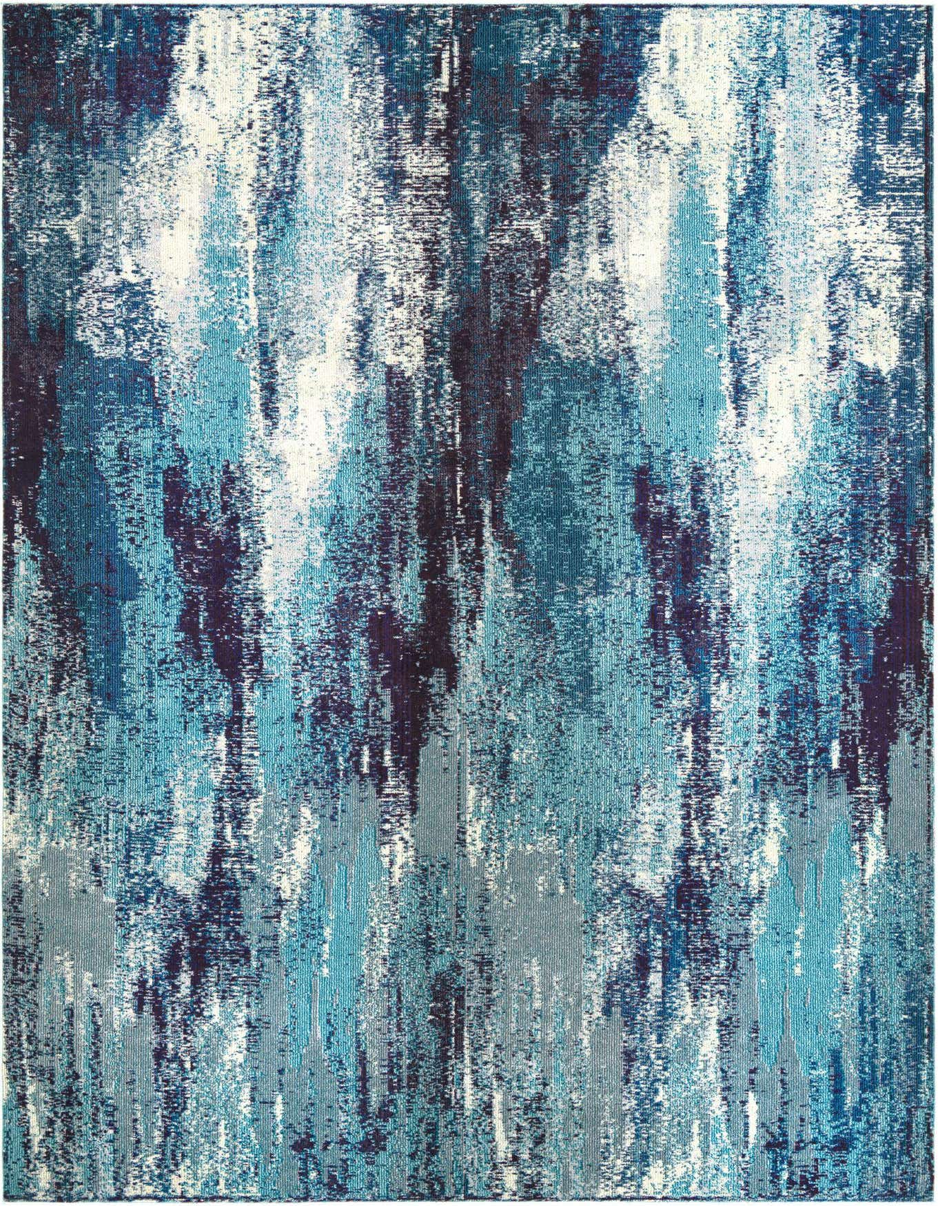 A rectangular 8x11 blue area rug with a modern abstract pattern featuring various shades of blue, teal, and hints of white, suitable for a living room.