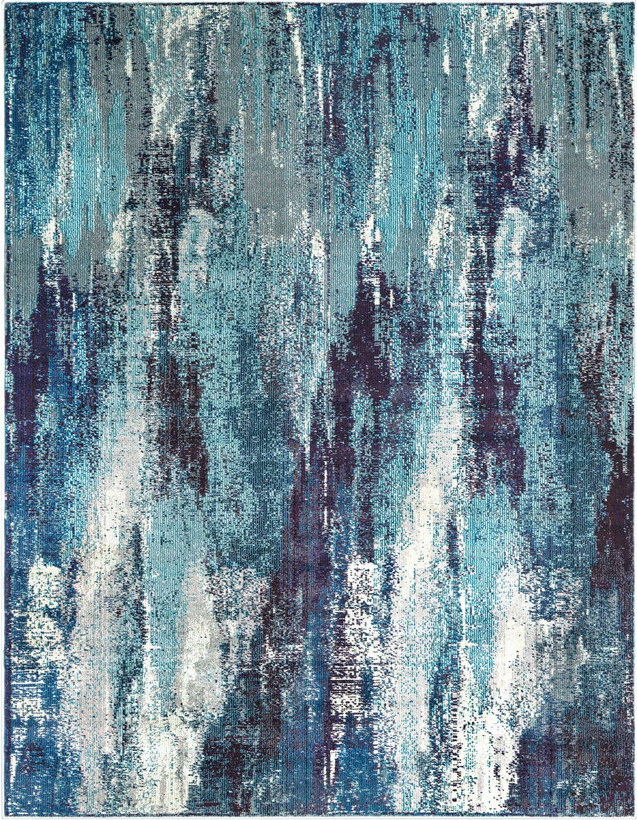A 6x9 rectangular area rug featuring an abstract, modern pattern in various shades of blue, teal, and hints of grey and white.