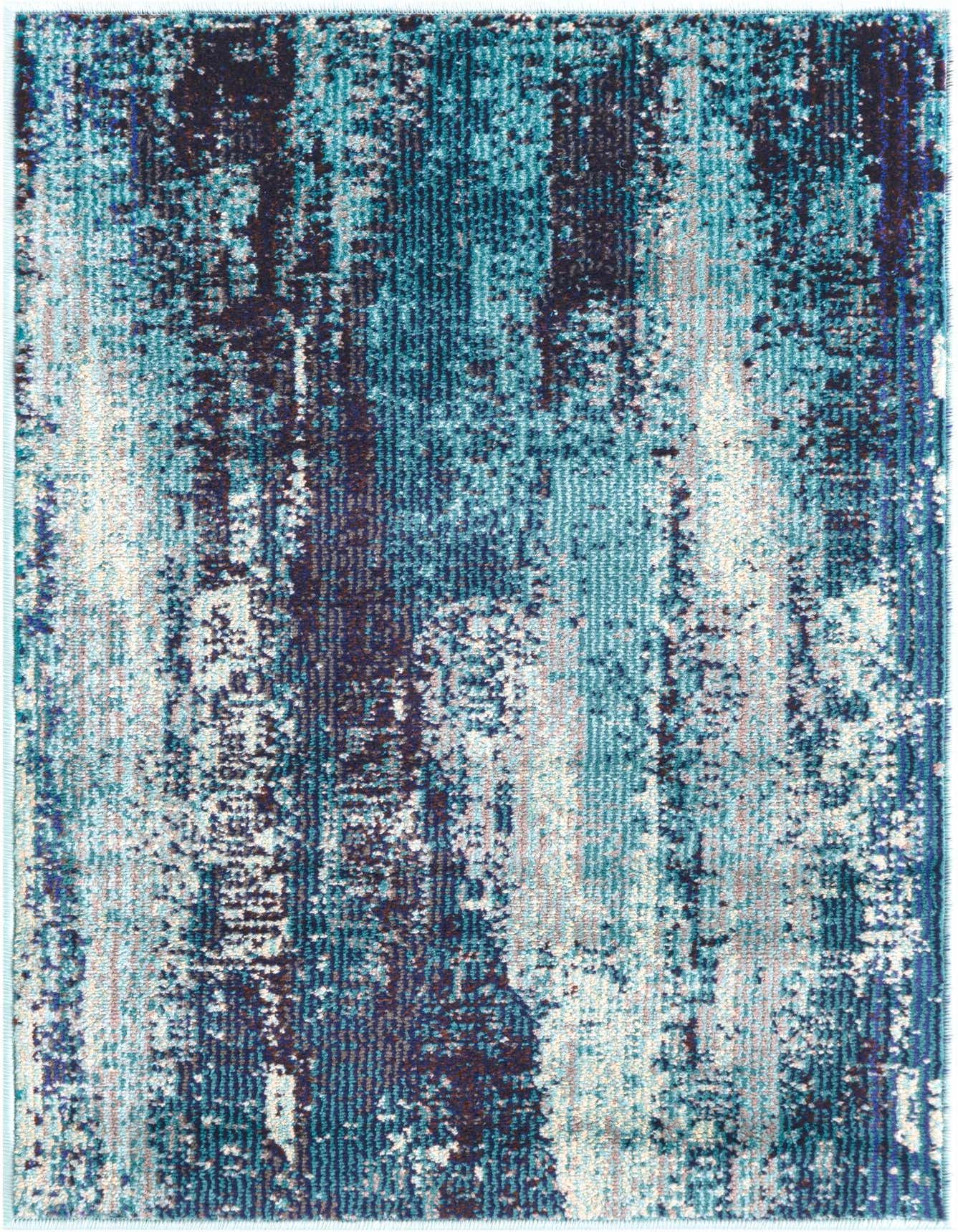 A 2x3 rectangular Rugs.com Sevilla rug featuring a modern abstract pattern in varying shades of blue, black, and light gray, suitable for a kitchen or entryway.