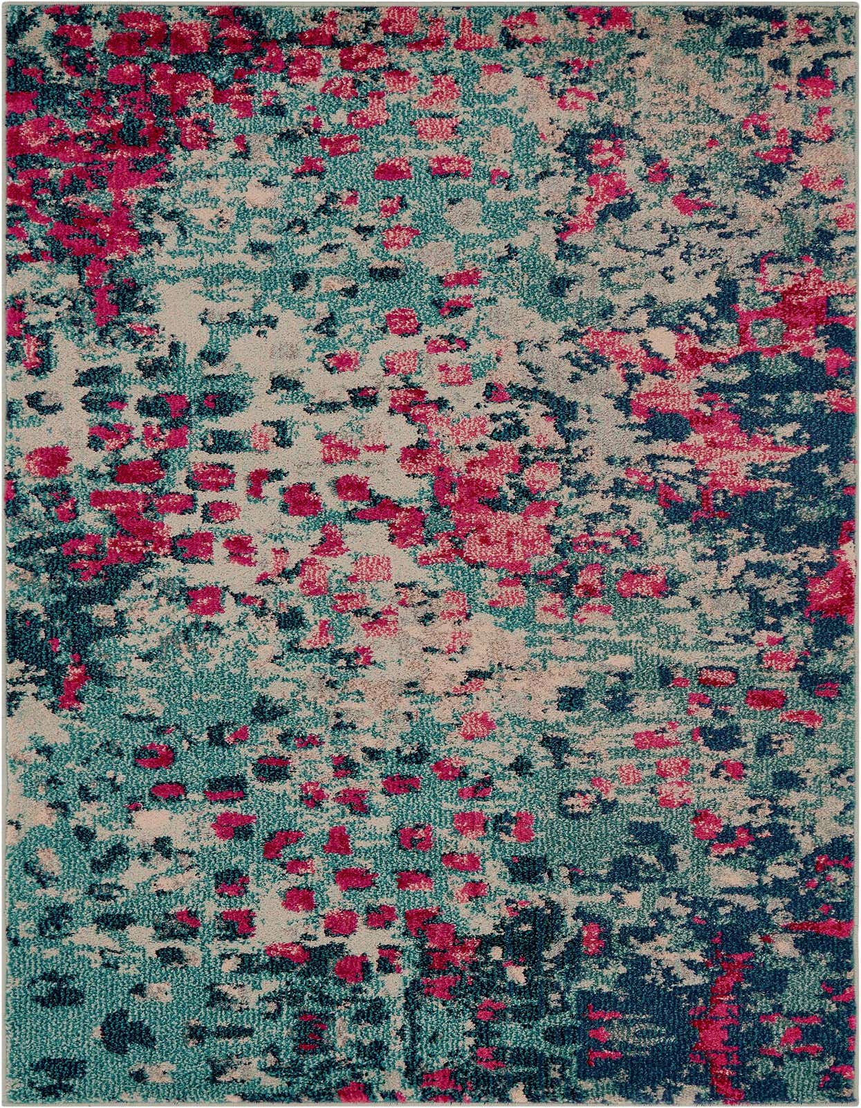 A 3x5 rectangular area rug featuring an abstract, eclectic pattern in shades of blue, teal, and fuchsia.