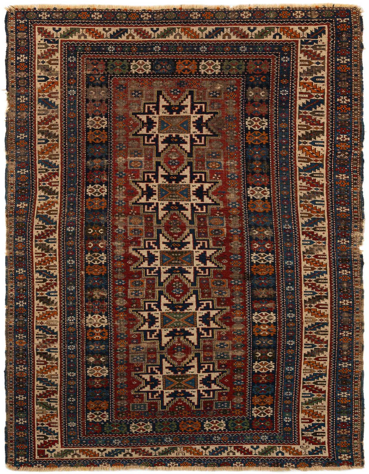 A 5x8 rectangular Shirvan tribal wool rug featuring intricate geometric patterns in blues, reds, and creams.
