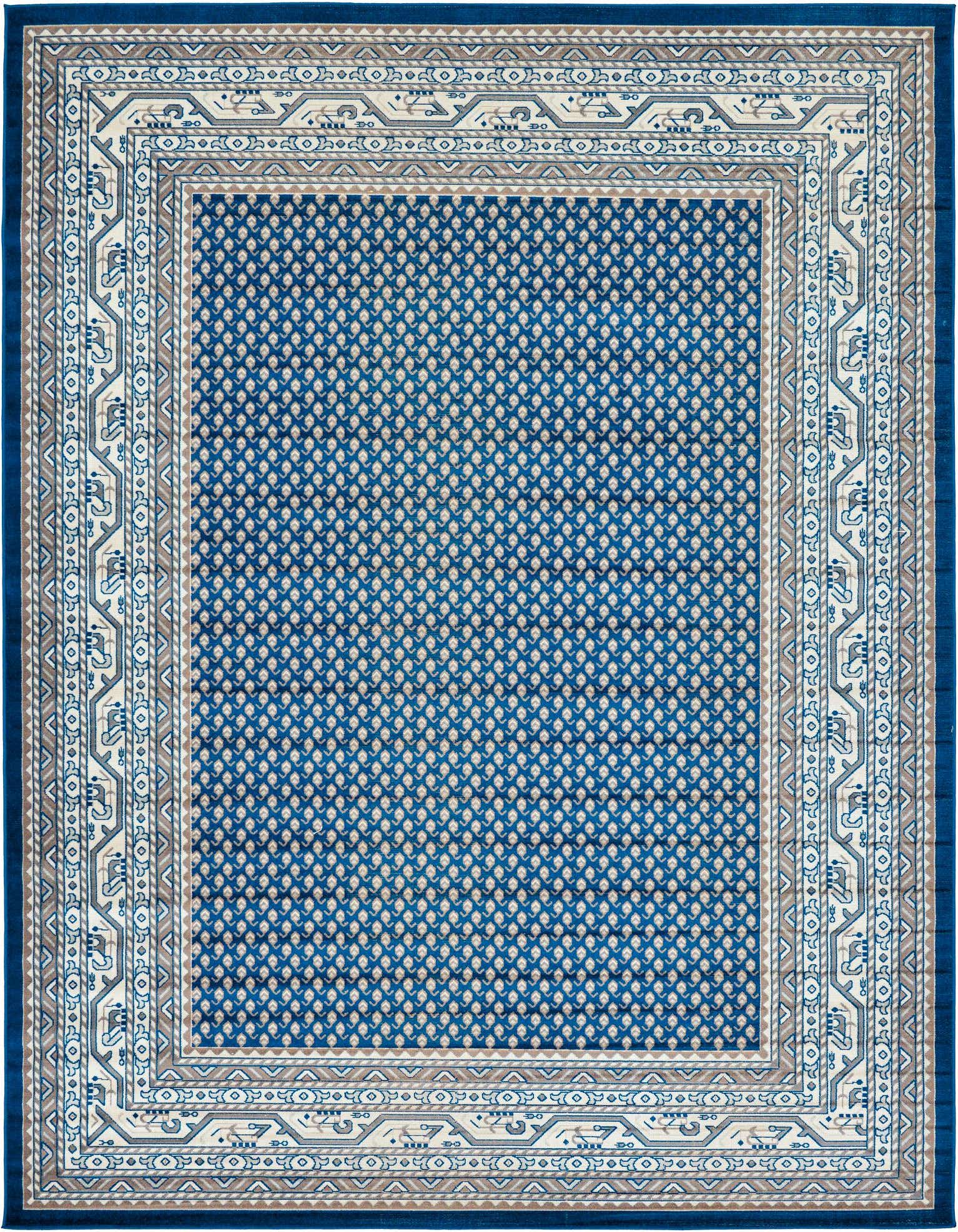 A 9x12 rectangular blue Southwestern rug with a detailed border, featuring a repeating geometric pattern in the center.