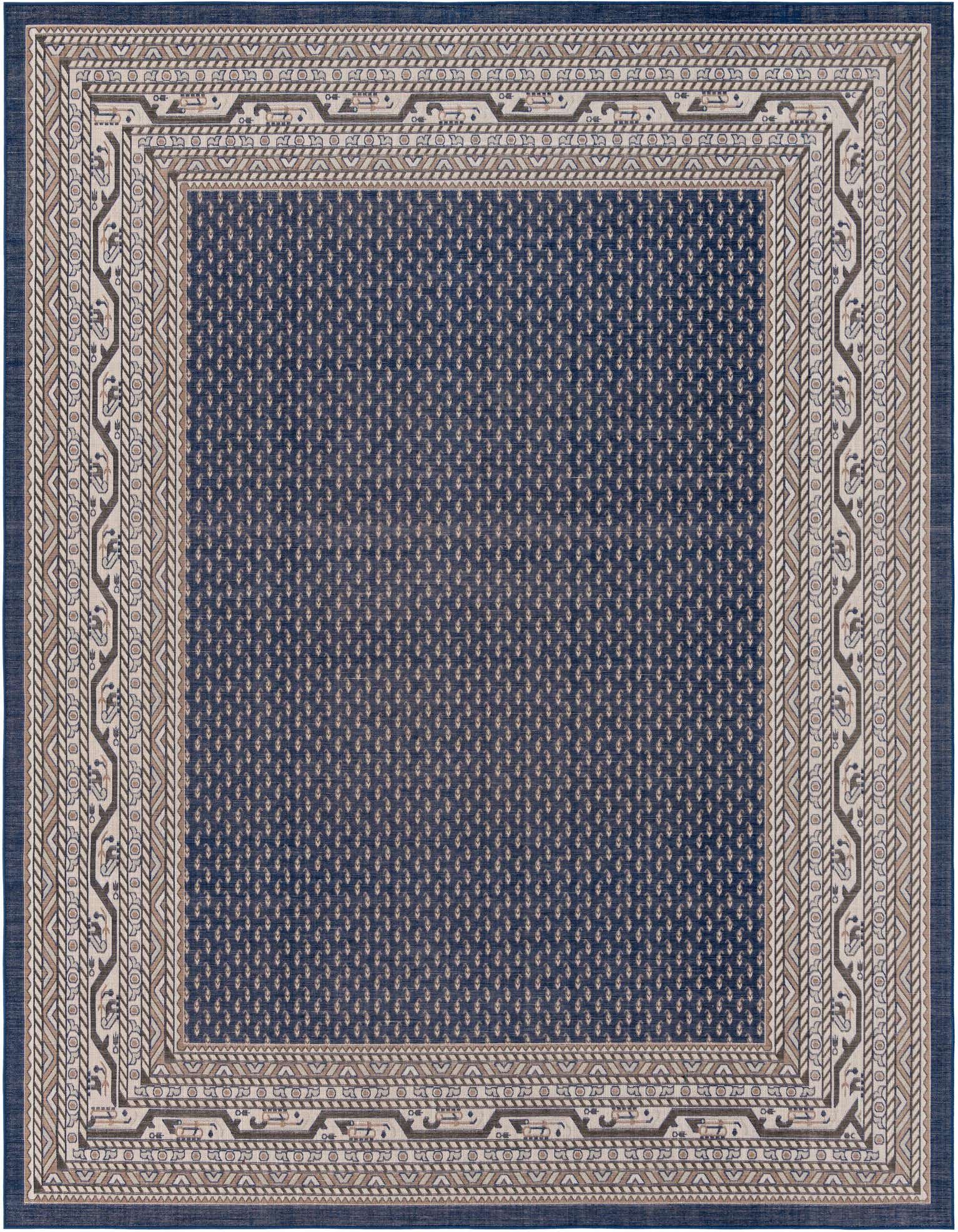 A 10x13 rectangular blue Southwestern area rug with a detailed border in beige, brown, and cream, featuring tribal patterns.