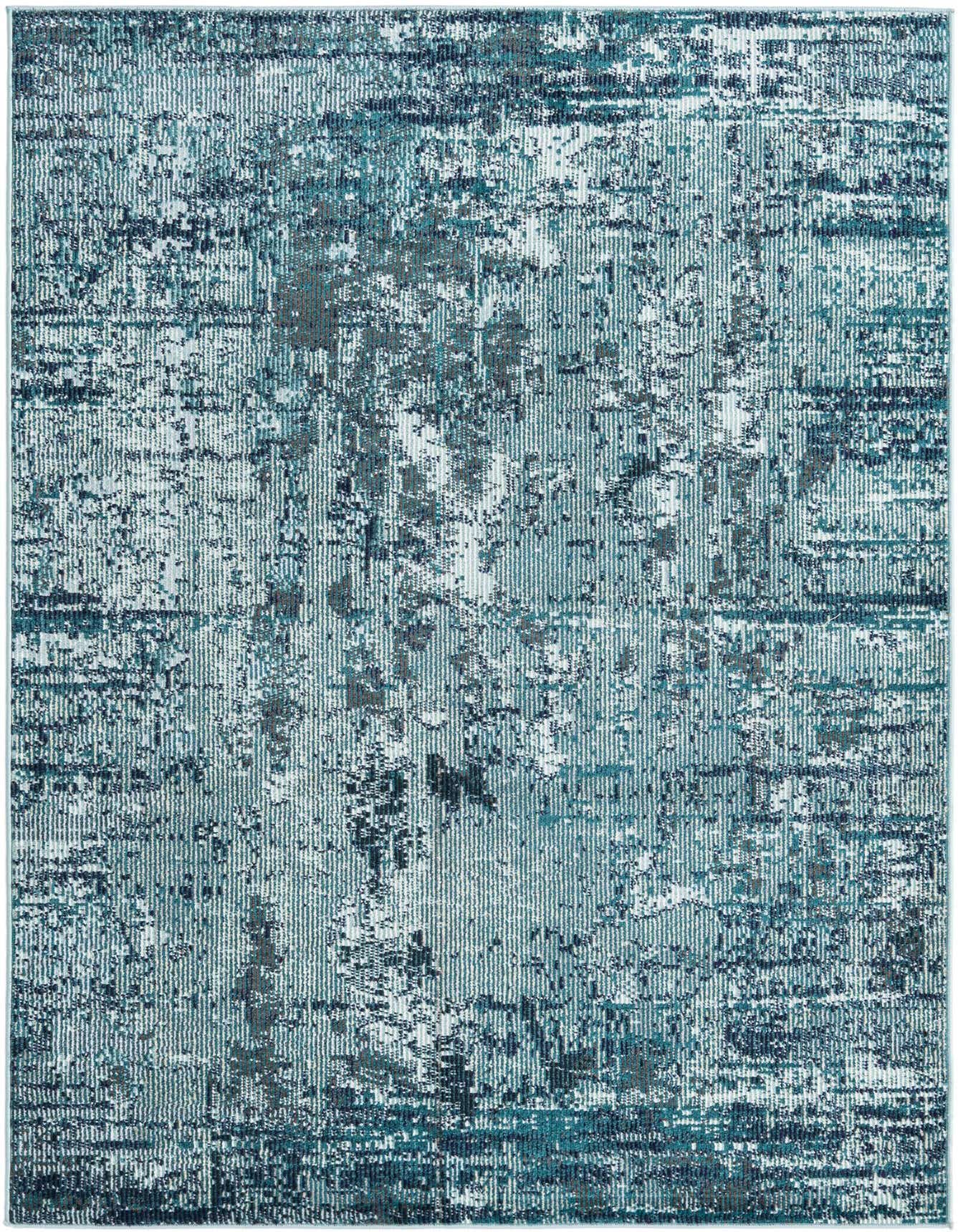 A 4x6 rectangular blue area rug with a textured, abstract pattern featuring various shades of blue and hints of white.