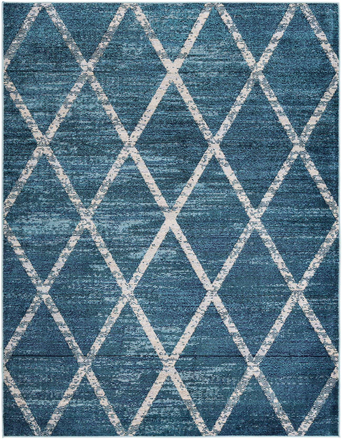 A 5x8 rectangular blue area rug with a textured pile, featuring a repeating diamond pattern in light blue and white.
