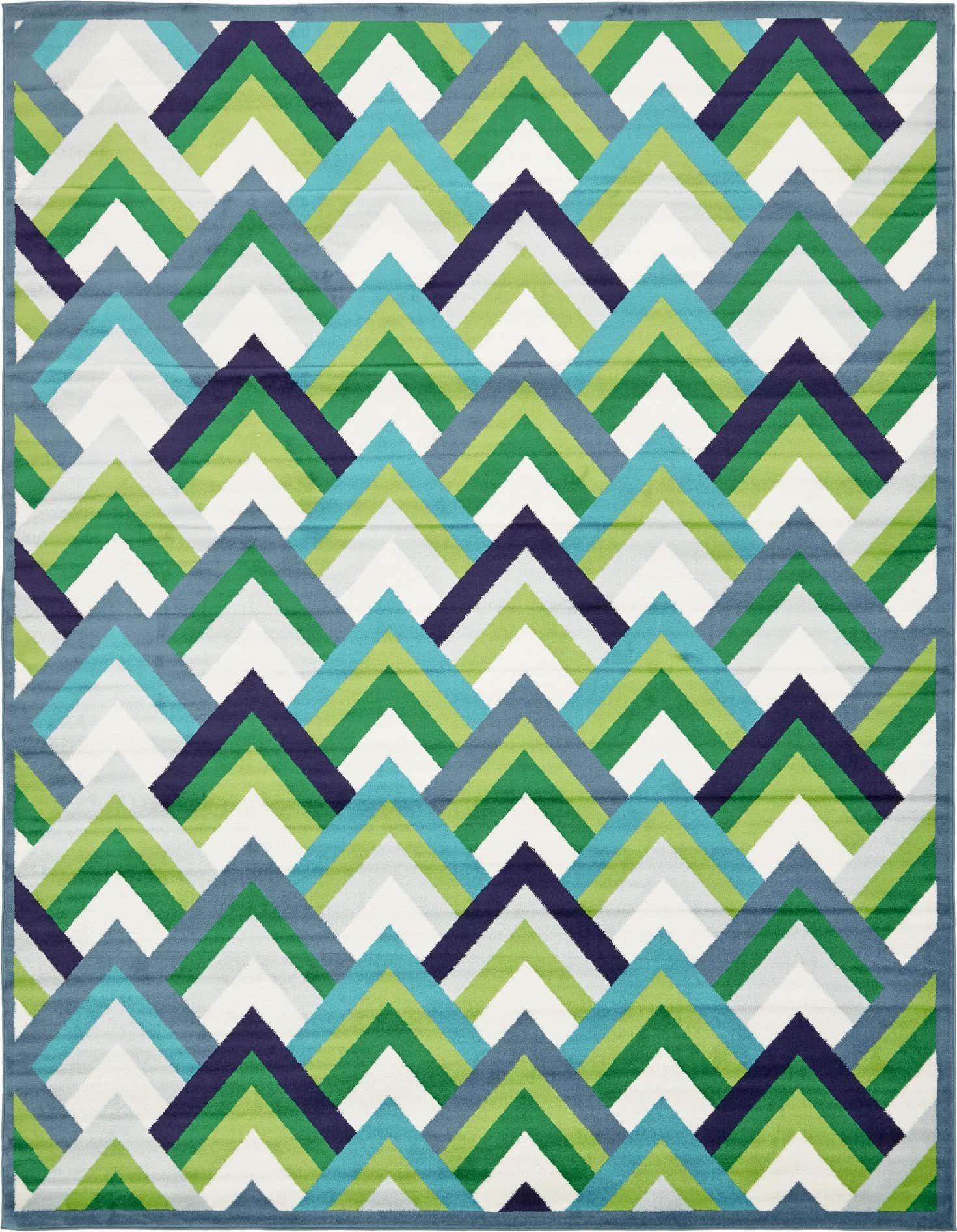 A 9x12 rectangular rug featuring a vibrant geometric pattern of blue, green, and white chevron-like triangles, suitable for a modern living room.