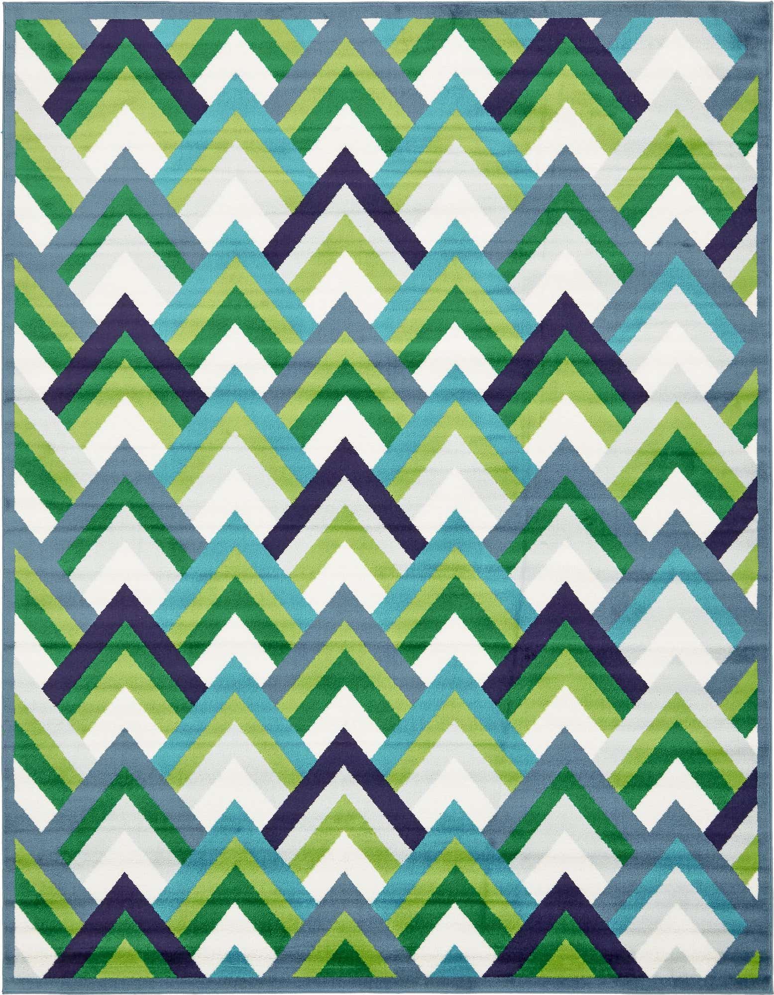 A rectangular 8x10 indoor rug featuring a vibrant geometric pattern of interlocking chevron shapes in shades of blue, green, and white.