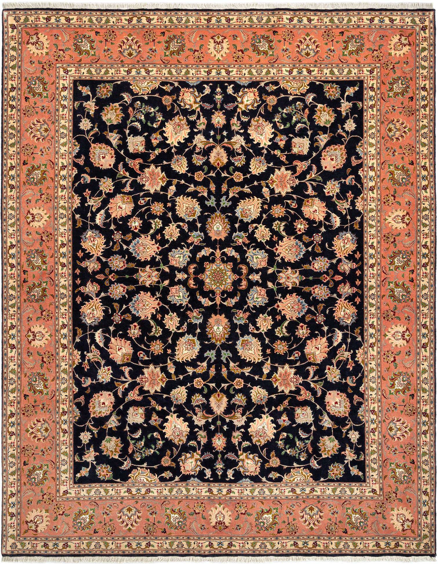 A 6x9 rectangular Persian rug with a deep blue field and intricate floral patterns, framed by a wide coral border.