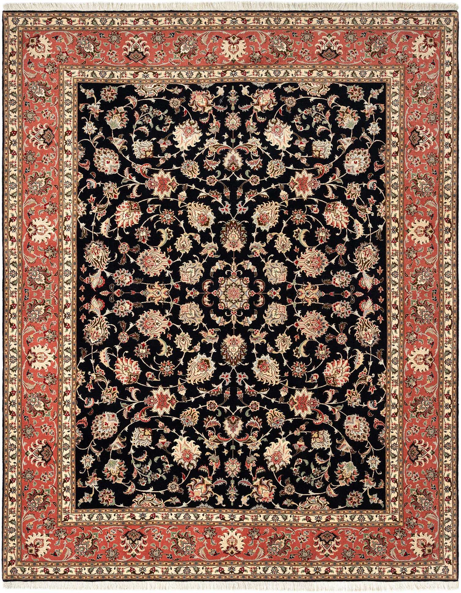 A 6x9 rectangular Persian rug with a deep blue field and intricate floral patterns in cream, red, and gold, framed by a wide red border.
