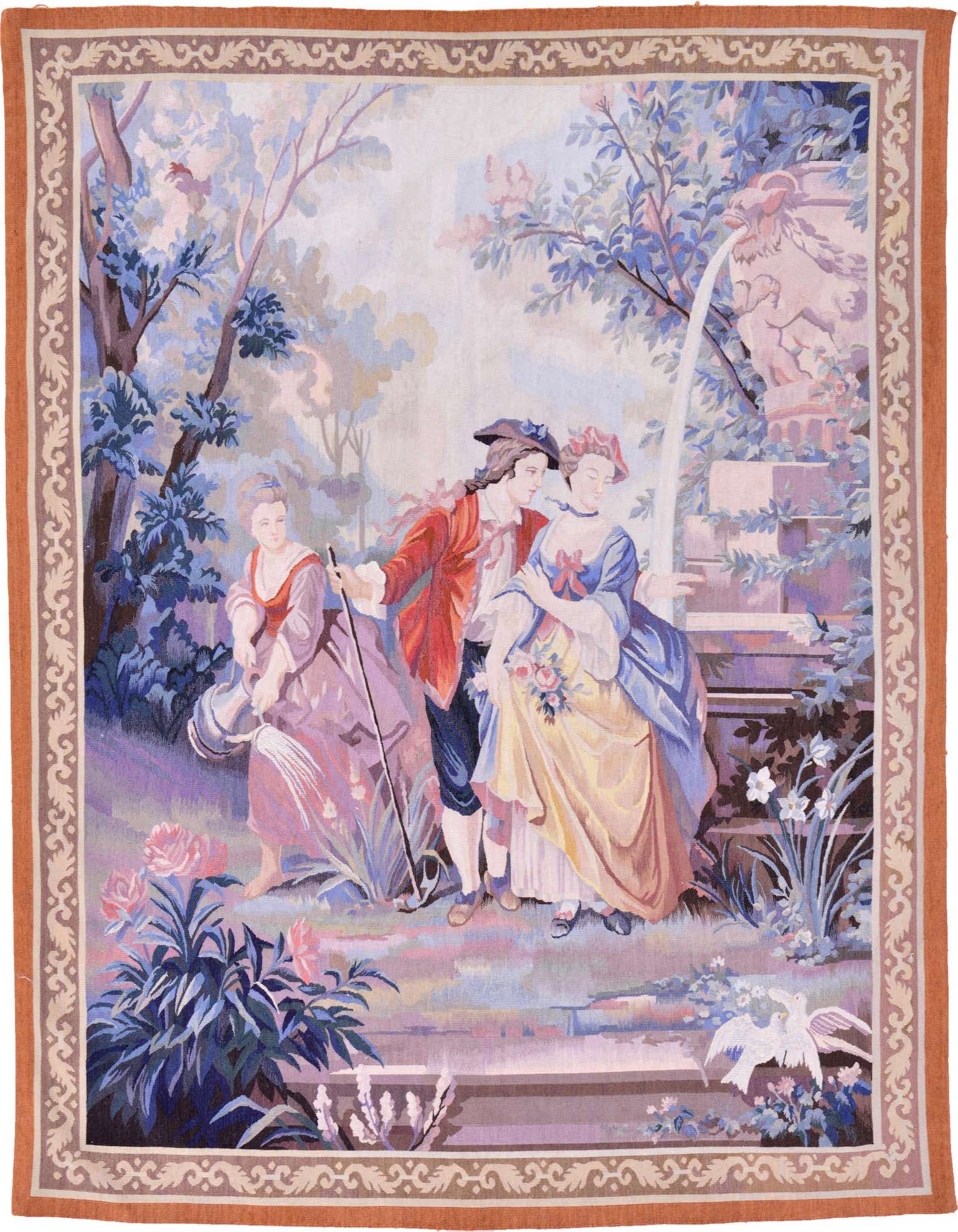 A 4x6 rectangular wool tapestry rug featuring a traditional Rococo scene with figures in a garden, bordered in terracotta.