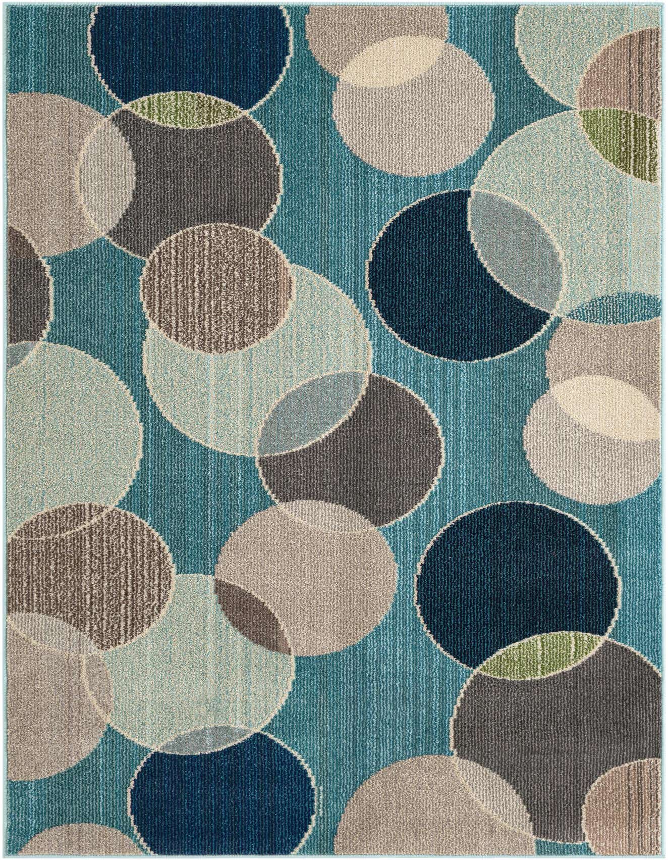 A 4x6 rectangular blue area rug featuring a modern abstract pattern of overlapping circles in shades of blue, grey, brown, and light green.