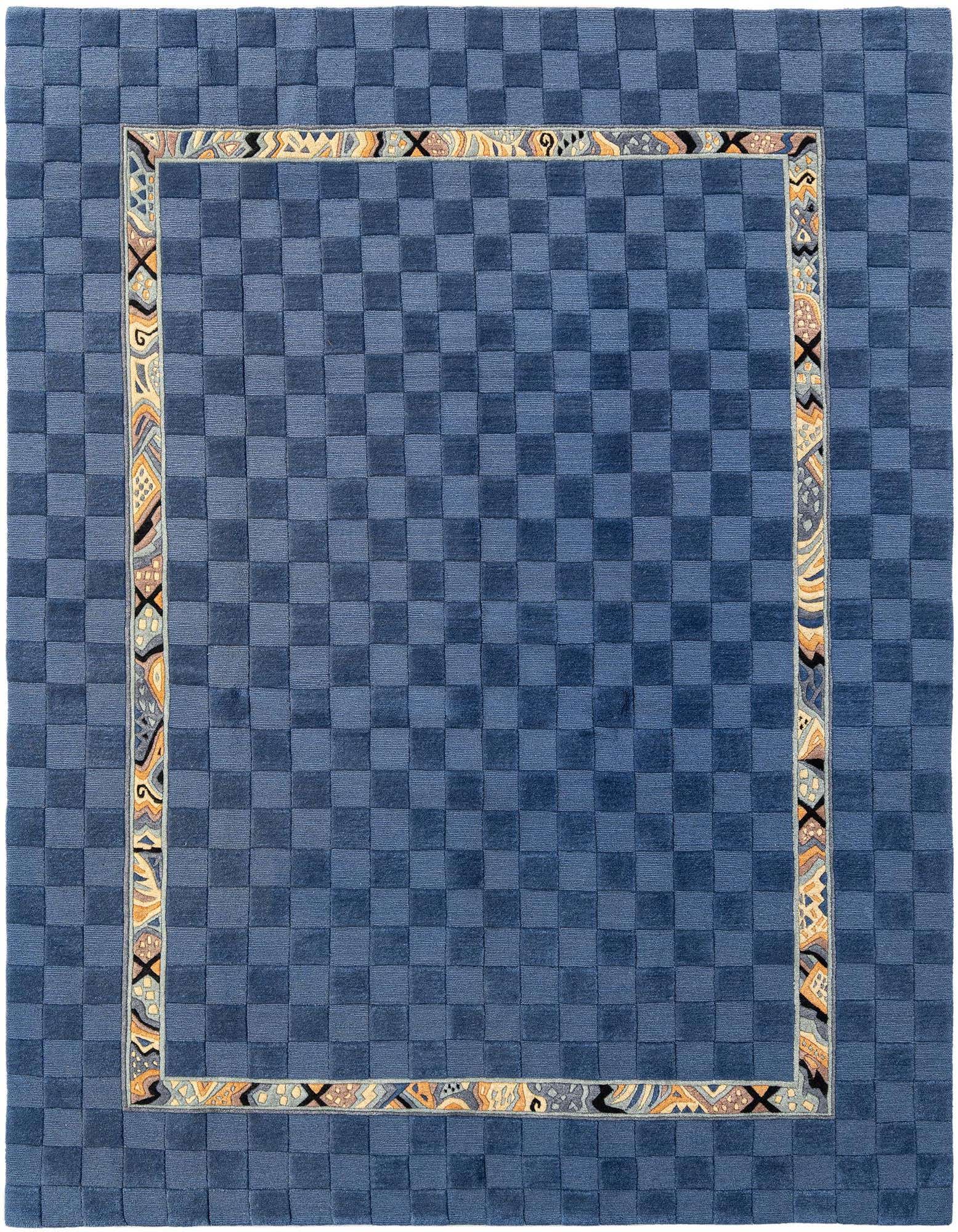A 5x8 rectangular blue modern wool area rug with a checkered pattern and an intricate oriental border.