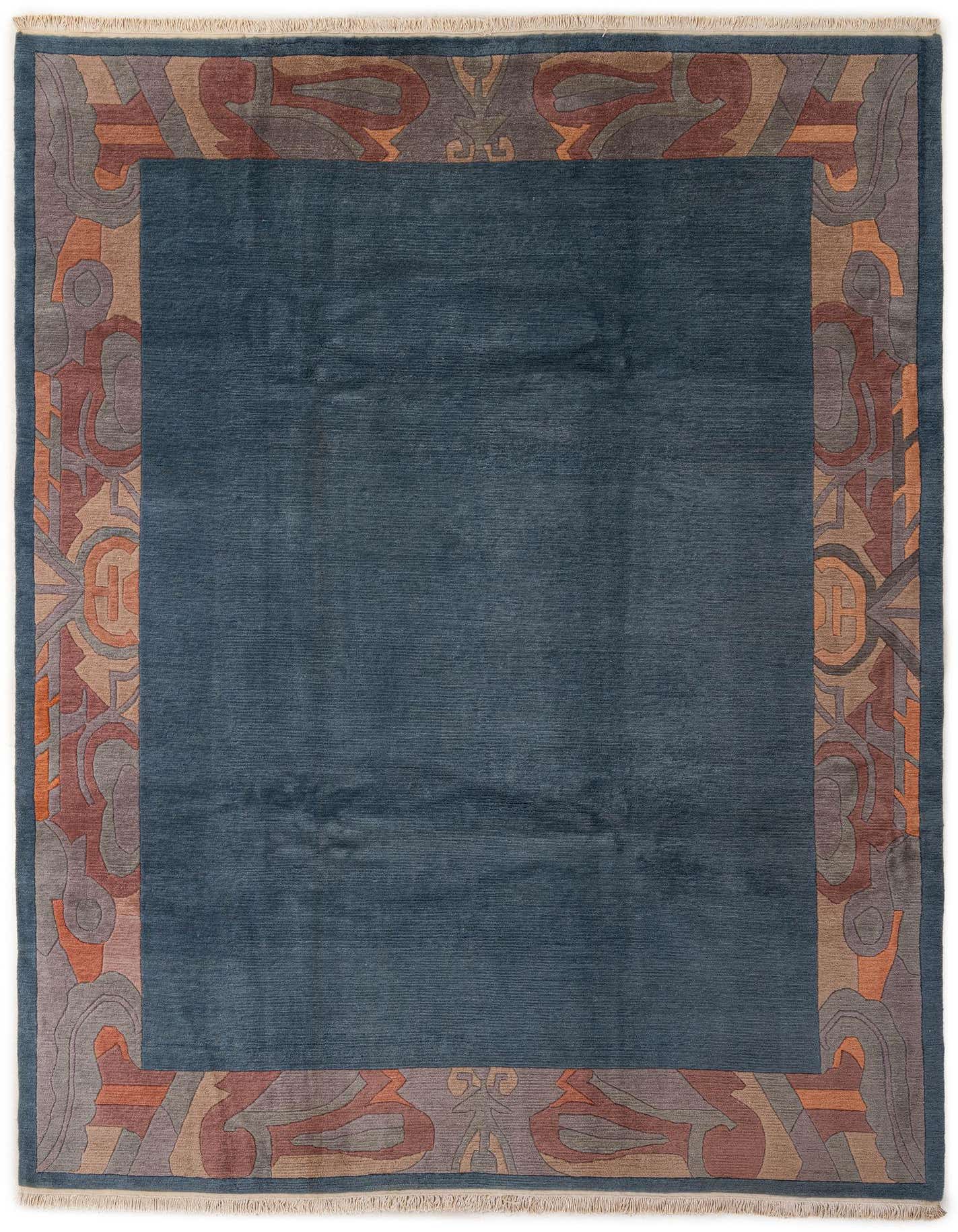 An 8x11 rectangular blue wool rug with a modern abstract border in shades of brown, orange, and gray, suitable for a living room.