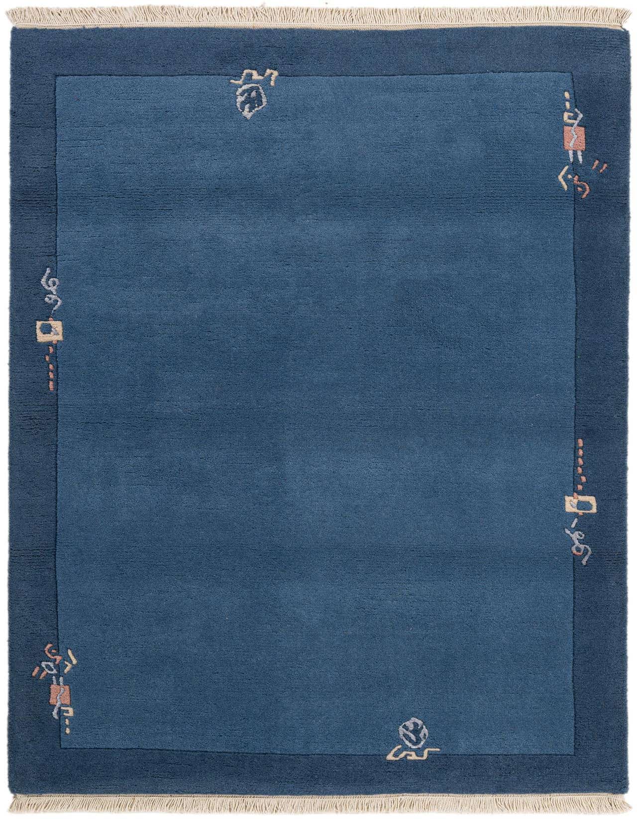 A 4x6 rectangular blue modern wool and silk rug with a darker blue border and abstract oriental patterns.