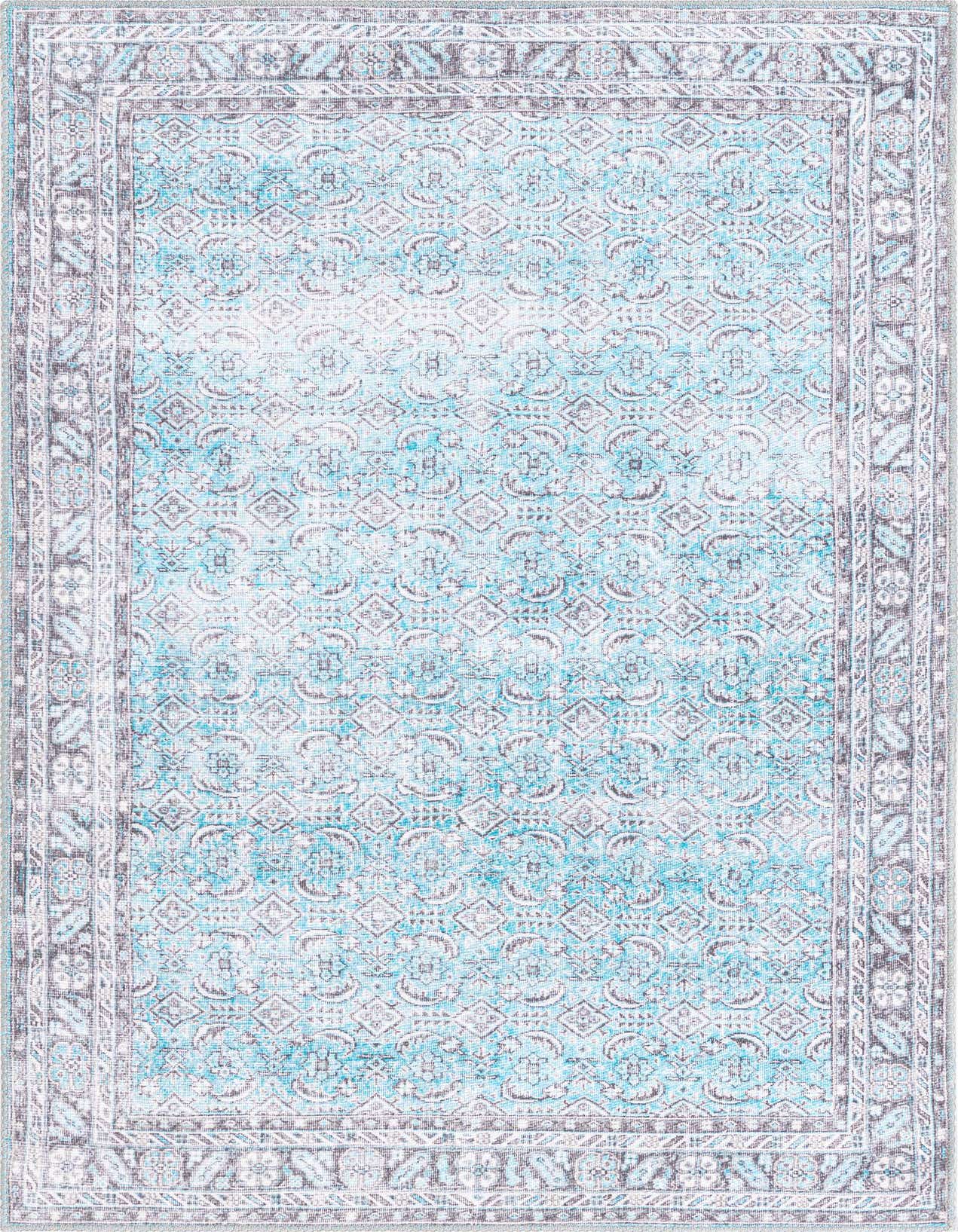 A 3x5 rectangular indoor rug featuring a distressed traditional floral pattern in shades of blue, grey, and white.