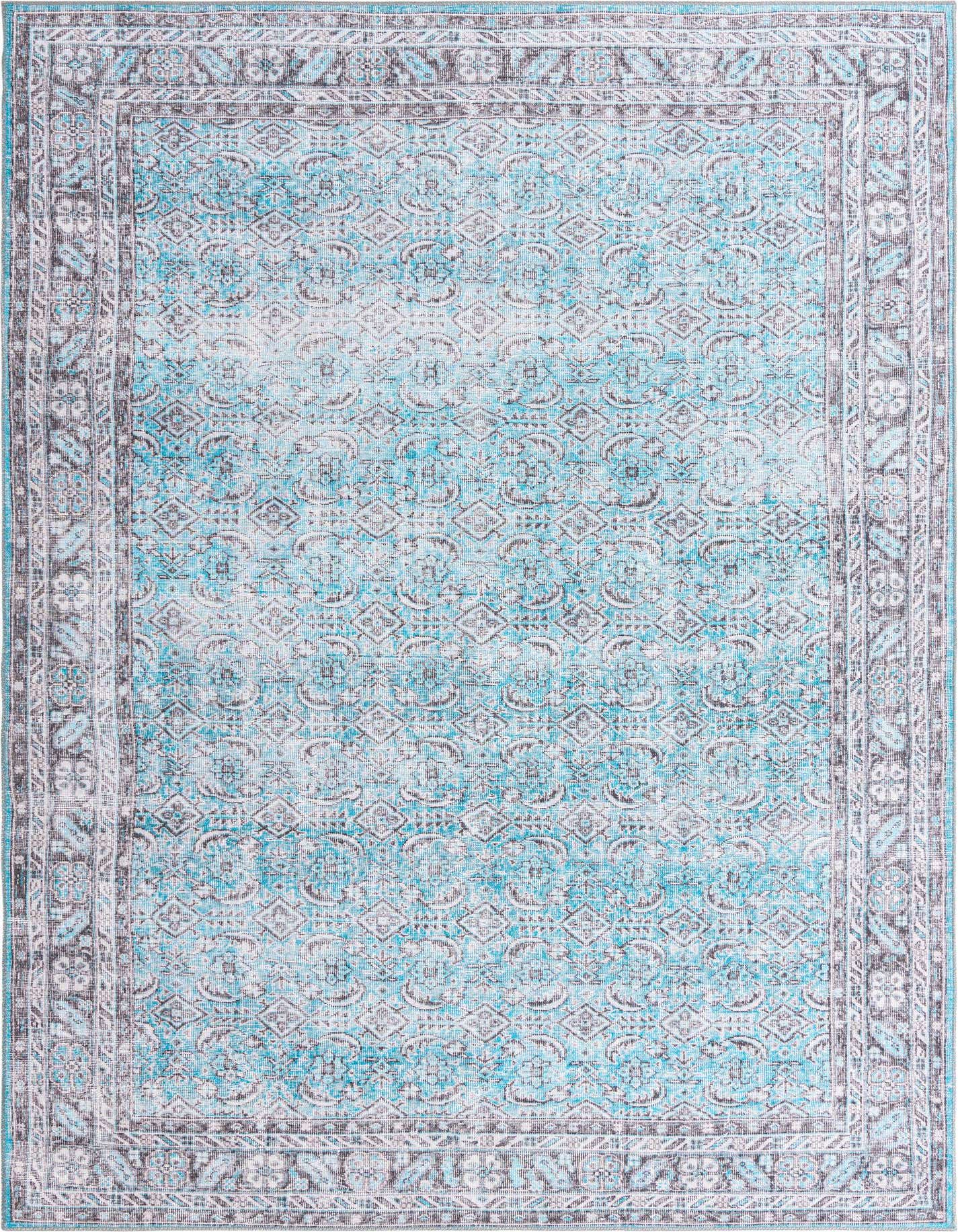 A 7x10 rectangular Rugs.com Timeless rug featuring a distressed blue and grey traditional floral pattern with a decorative border.