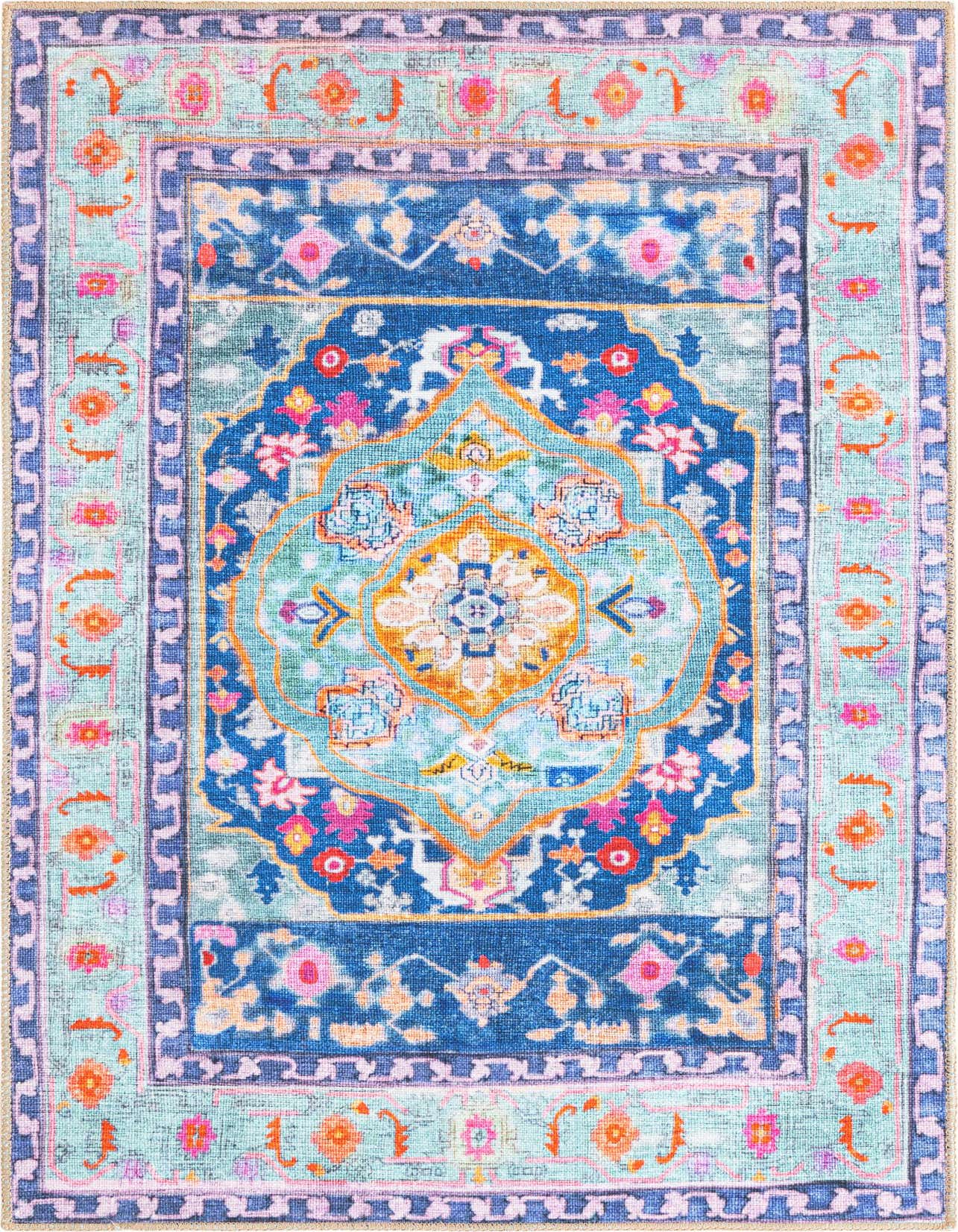 A 3x5 rectangular blue bohemian rug with a central medallion and intricate floral patterns in pink, orange, and light blue.
