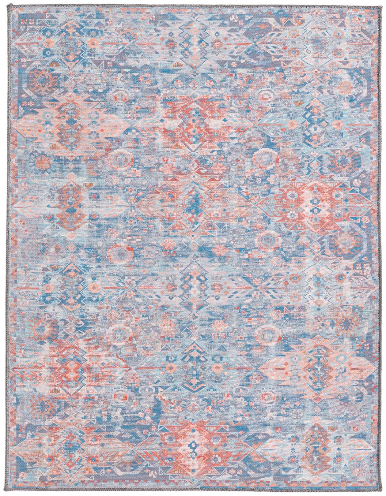 A 3x5 rectangular blue and orange transitional flatweave rug with a distressed tribal pattern.